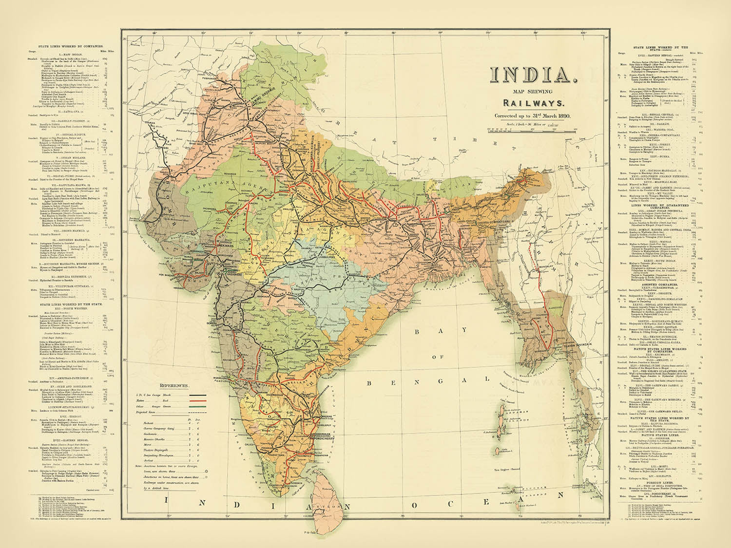 Large Old Railway Map of India by Judd, 1890: Mumbai, Delhi, Kolkata, Ganges River, Himalayas