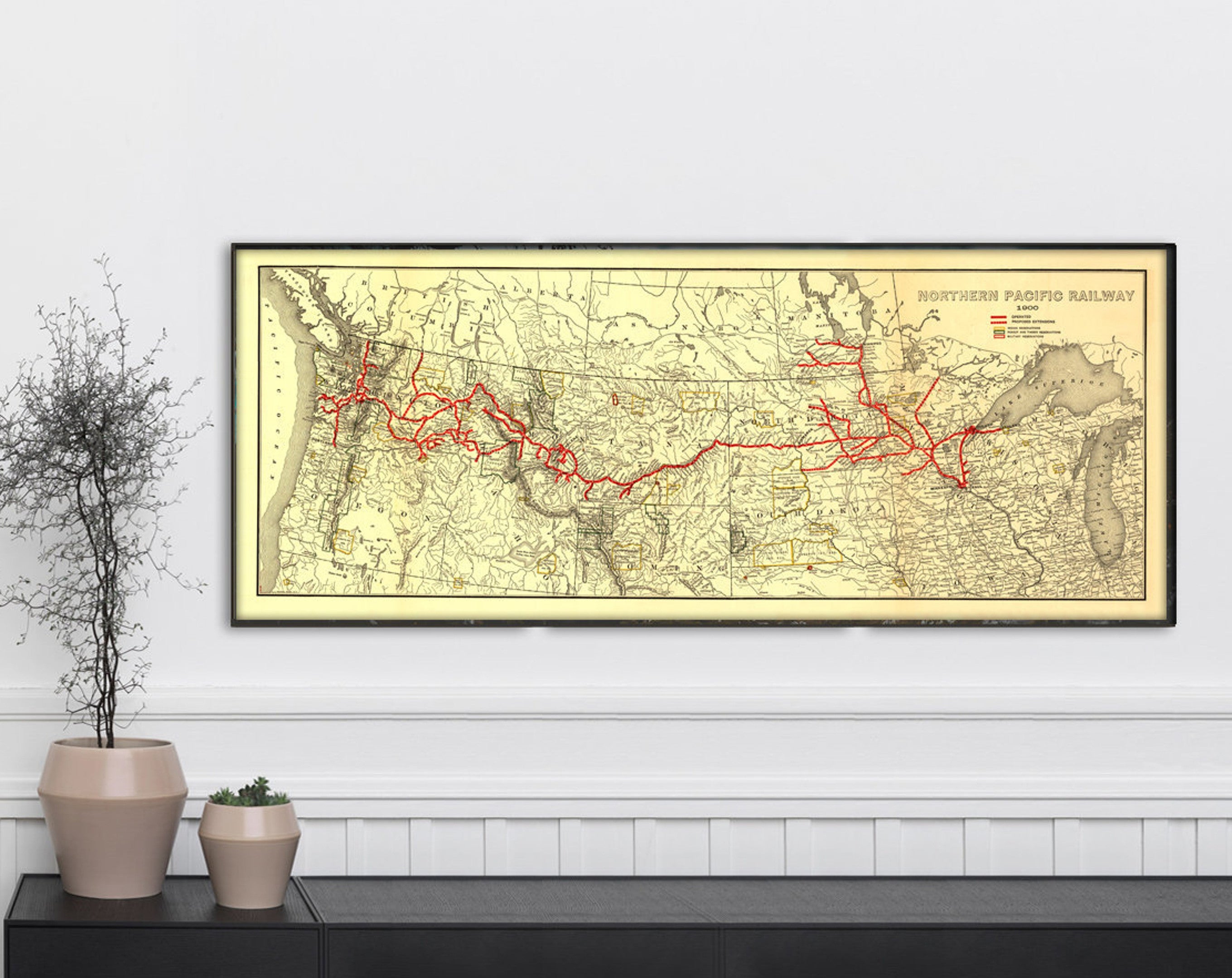 Old Map Canvas Of Northern Pacific Railways Map Canvas, Vintage Antique Map Canvas Of United States Train Retro Map Canvas