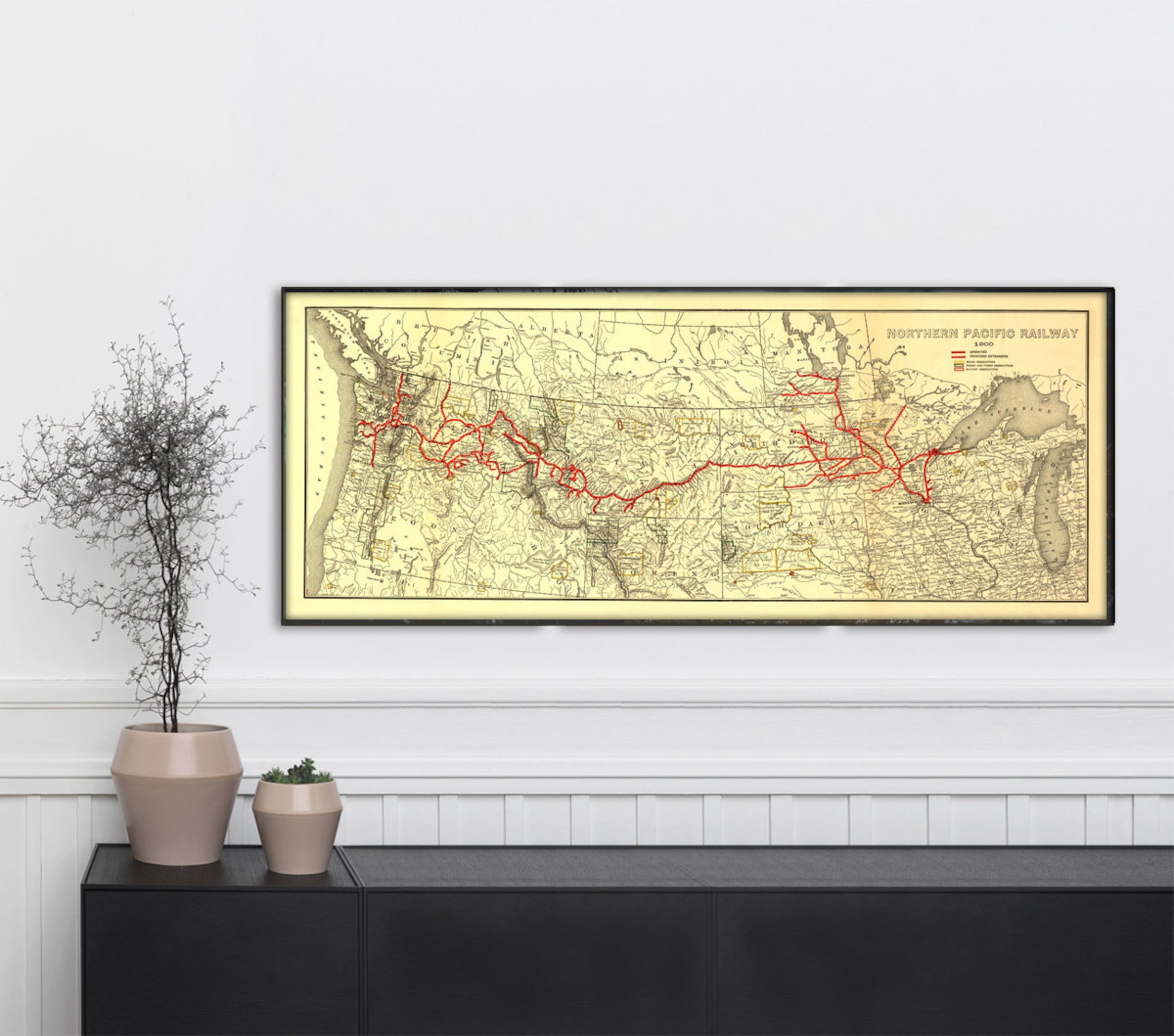 Railspirit Old Map Canvas Of Northern Pacific Railways Map Canvas, Vintage Rail Road Map Canvas, Antique Map Canvas Of United States Train, Retro Map Canvas