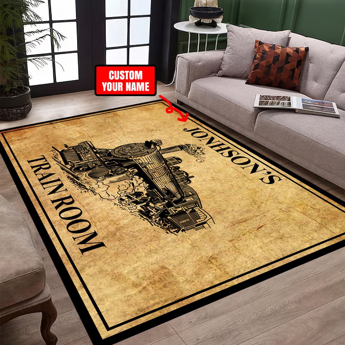 Railspirit Personalized Train Room Steam Locomotive Vintage Area Rug