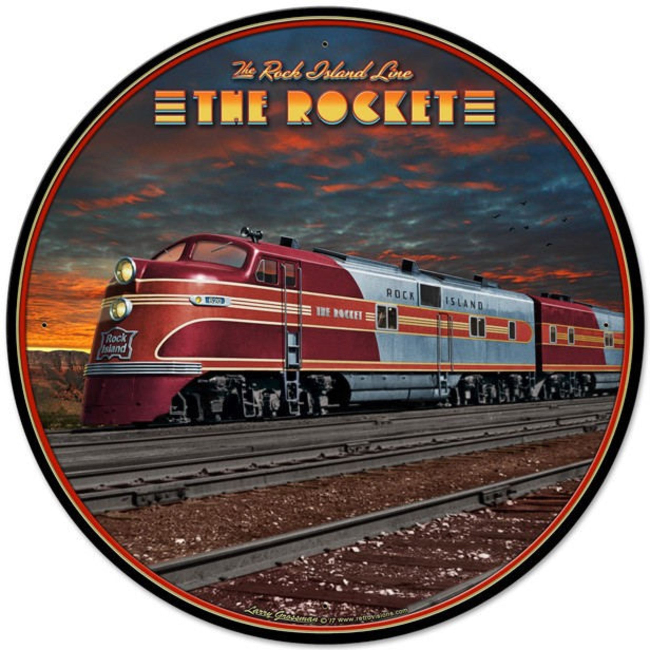 Railspirit Rocket Train Railroad By Larry Grossman Round Metal Sign - Available American Made Vintage Style Retro Garage Art