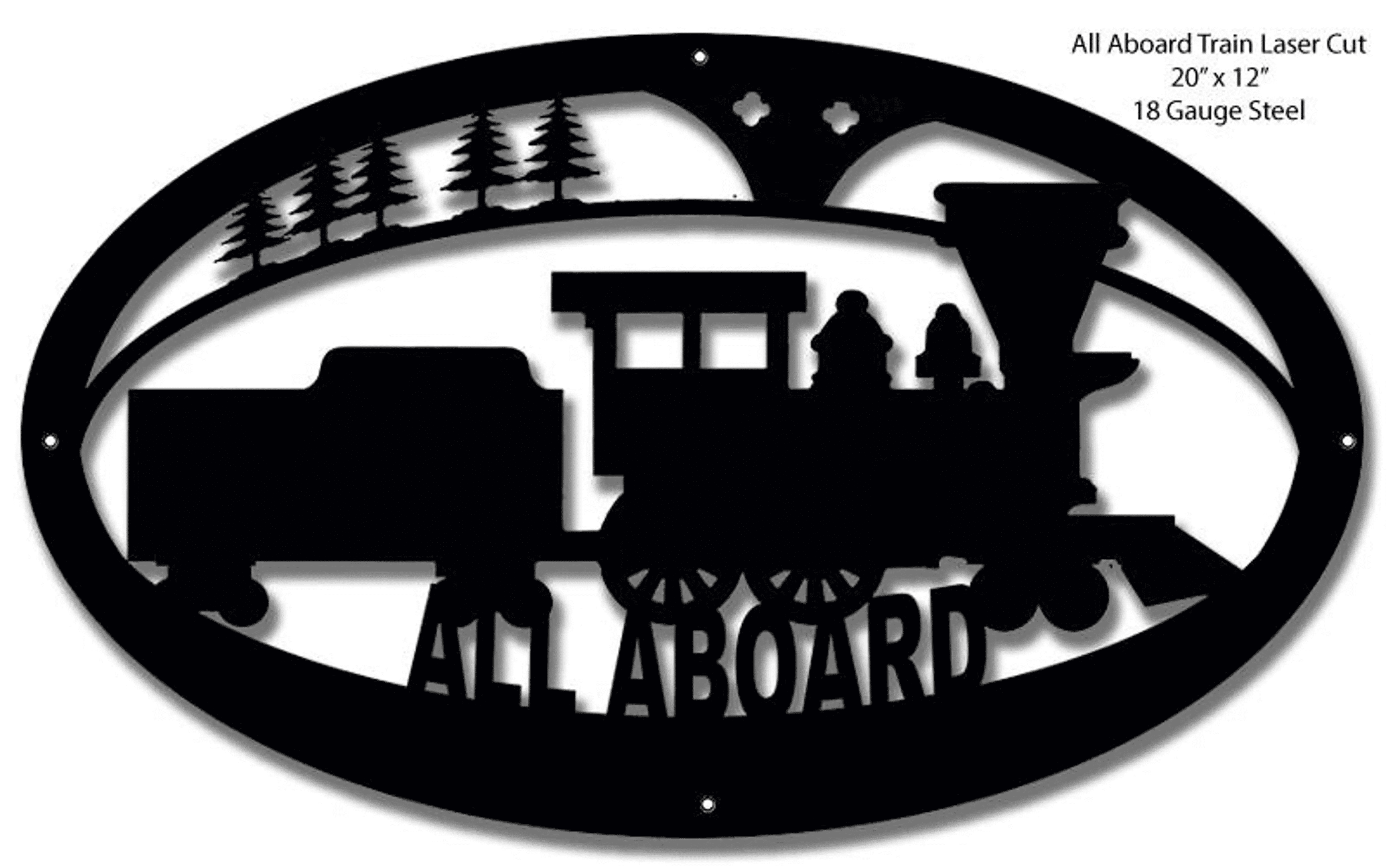 Railspirit All Aboard Locomotive Train Laser Cut Silhouette Metal Script Art Sign - Railroad Wall Decor Art