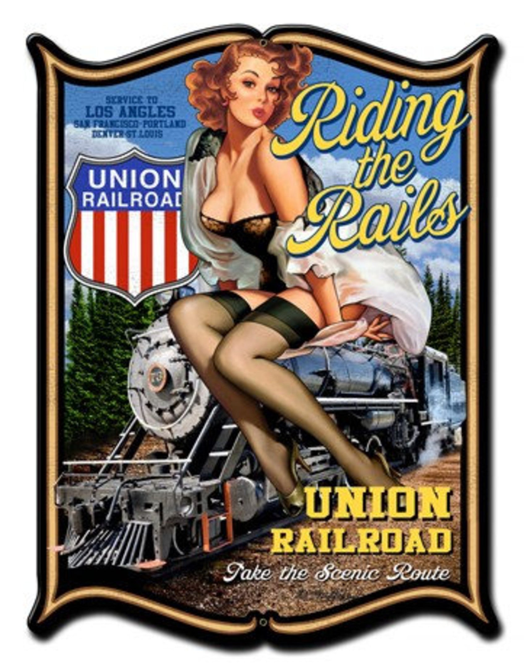 Railspirit Riding The Rails Union Railroad Pinup Girl Plasma Custom Shape Powder Coated Metal Sign Available Hot Rod Home Decor Wall Art