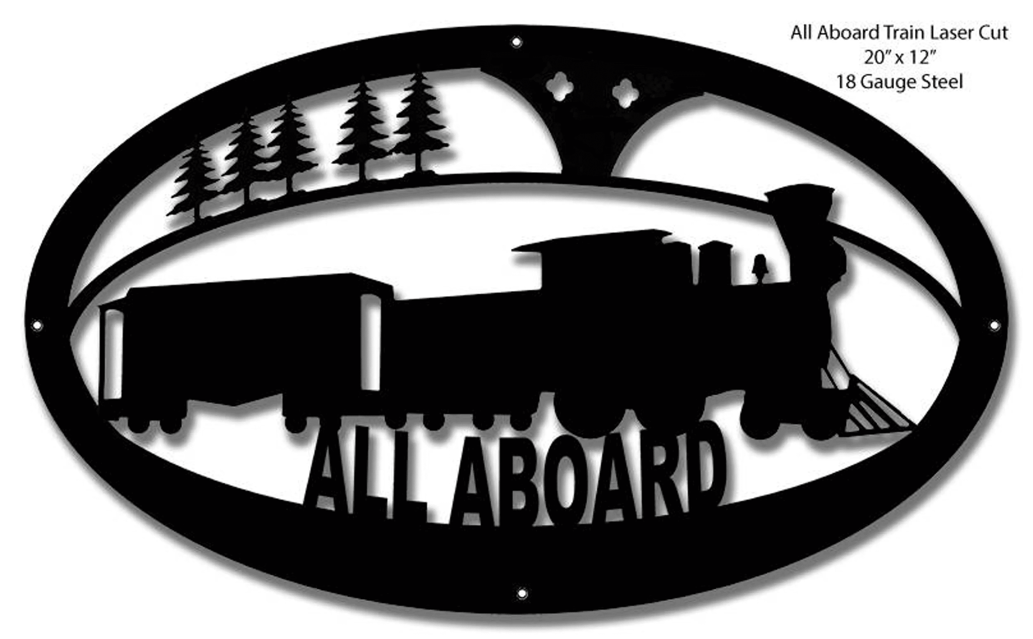 Railspirit All Aboard Locomotive Train Laser Cut Silhouette Metal Script Art Sign - Railroad Wall Decor Art Rg