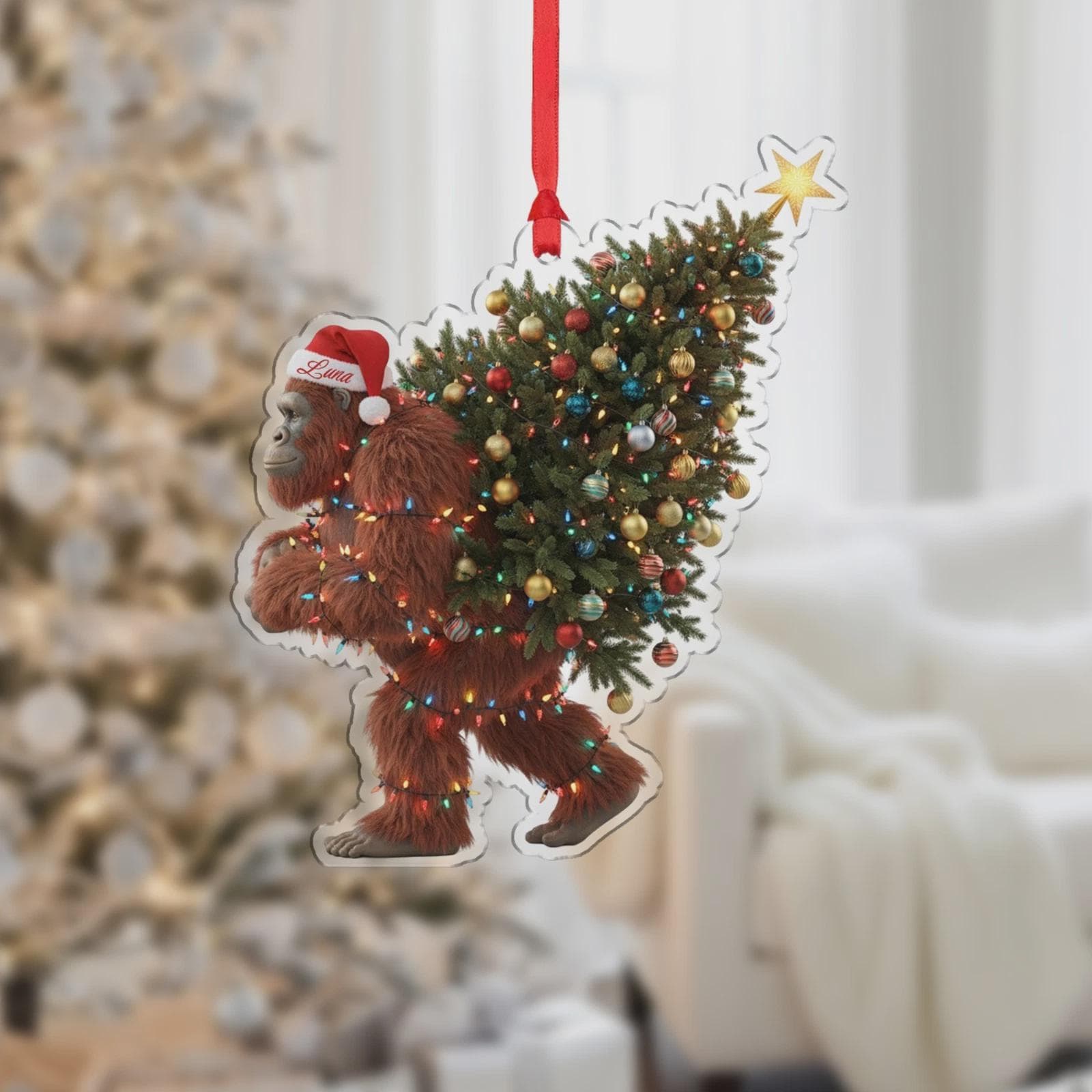 Personalized Bigfoot Carrying Christmas Tree Ornament, Forest Bigfoot, Funny Sasquatch X-Mas Tree Decoration, Gift for Men, Nature Lovers
