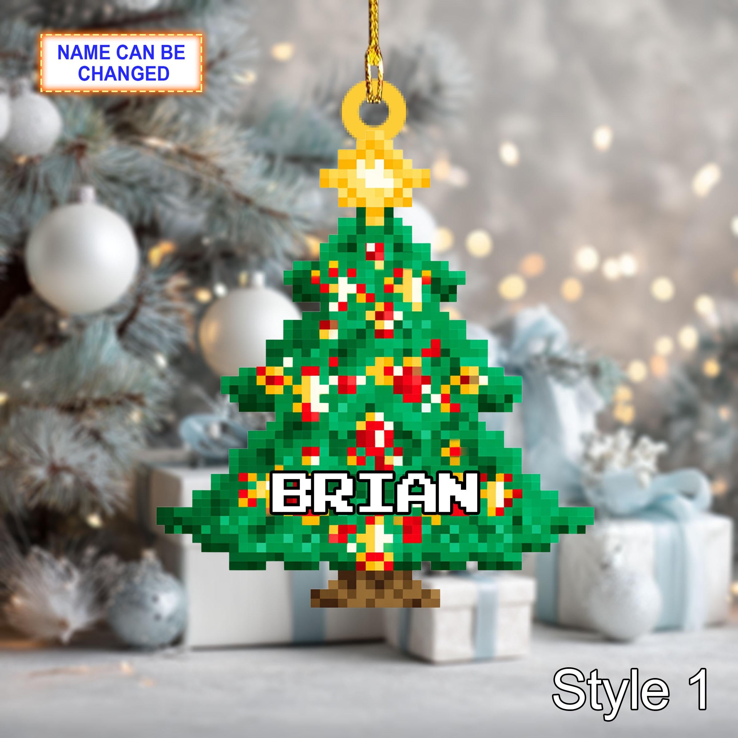 Custom Name Pixel Christmas Tree Personalized Ornament, Christmas Tree Hanging Decor, 2D Flat Acrylic Christmas Ornament Holiday Gift Set