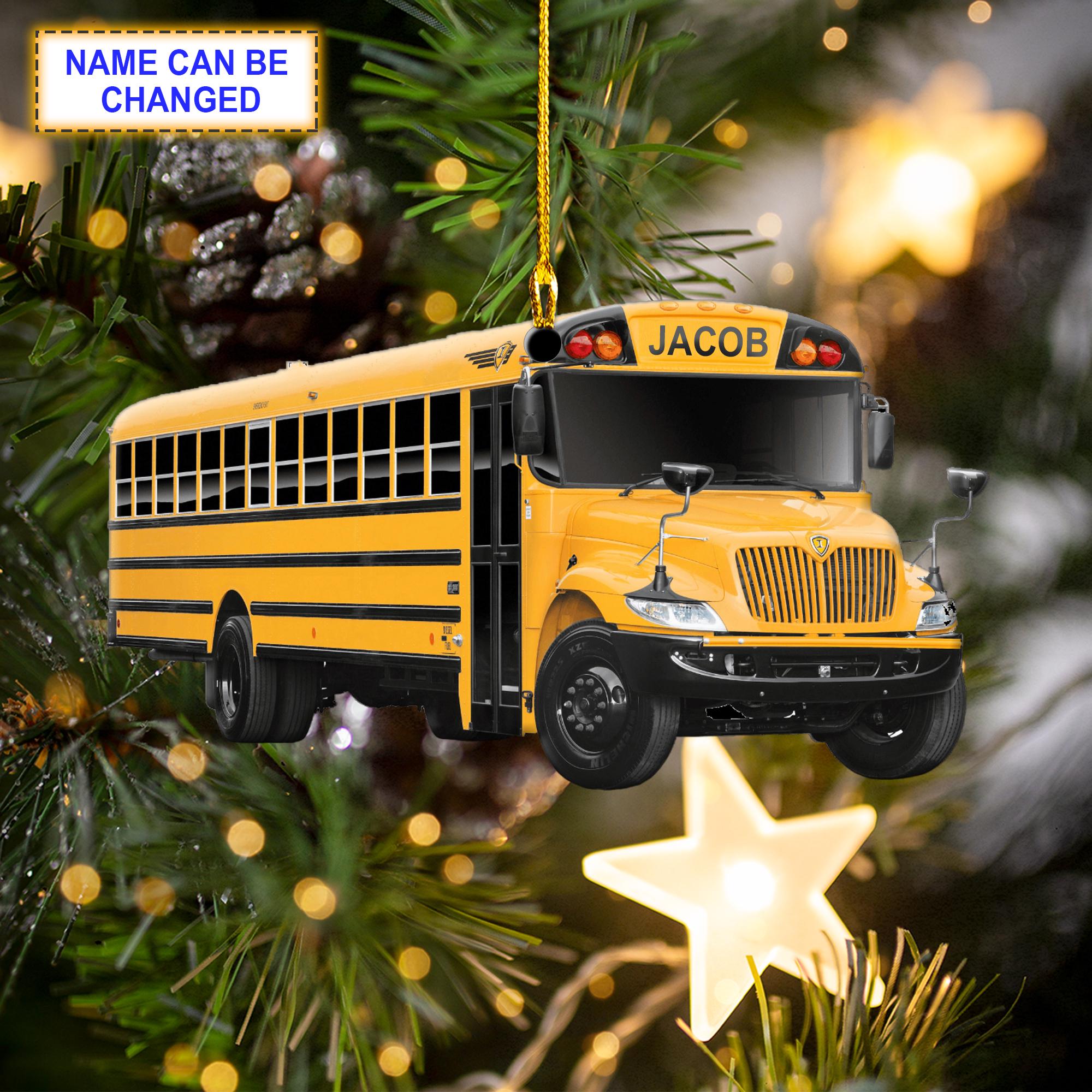 Custom Name School Bus Christmas Ornament Vehicle, Christmas Tree Hanging Decor, Flat 2D Ornament Acrylic/Wooden, Bus Driver Gift