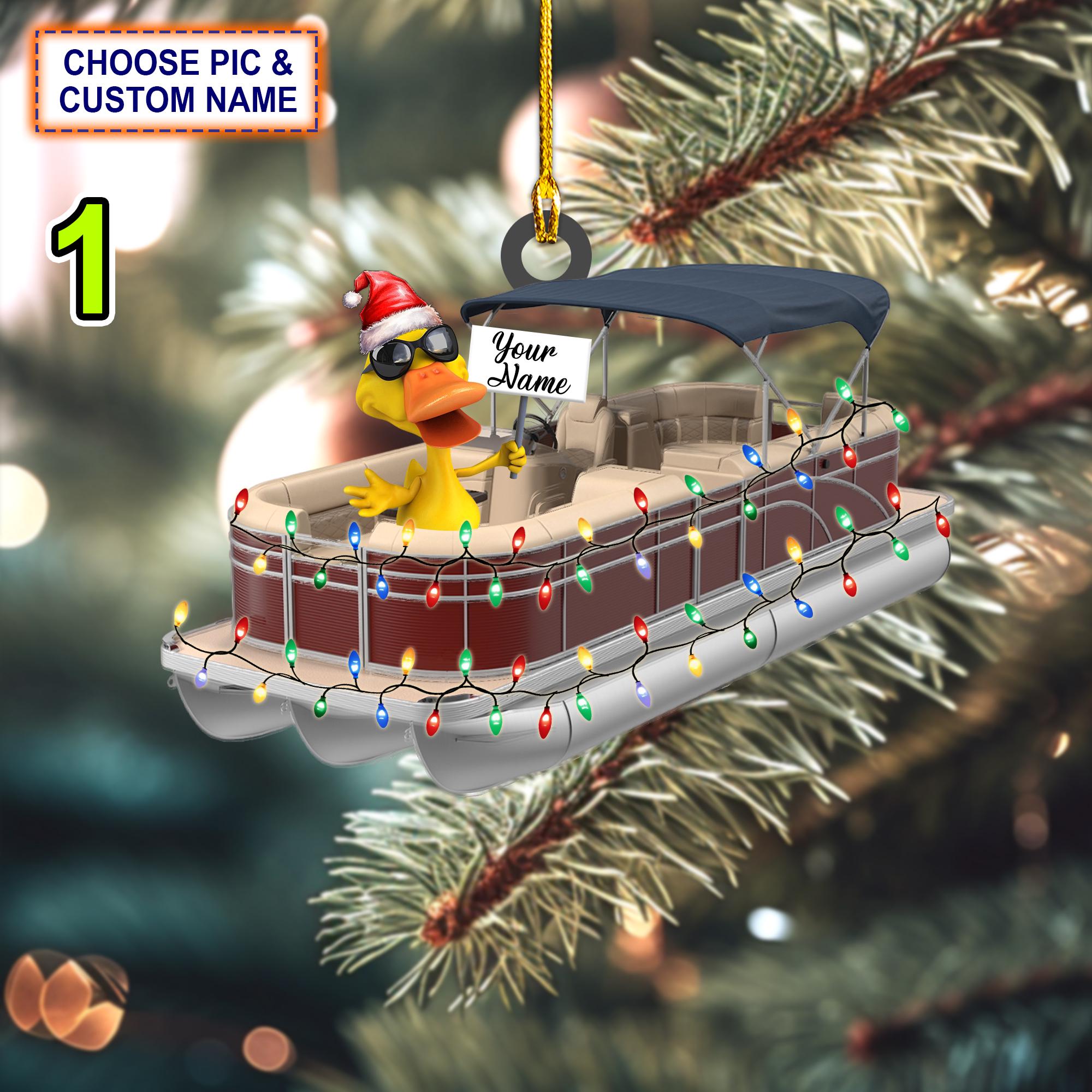 Custom Name Funny Yellow Duckies In Pontoon Boat Personalized Ornament, Christmas Ornament, Hanging Decor, Flat 2D Ornament