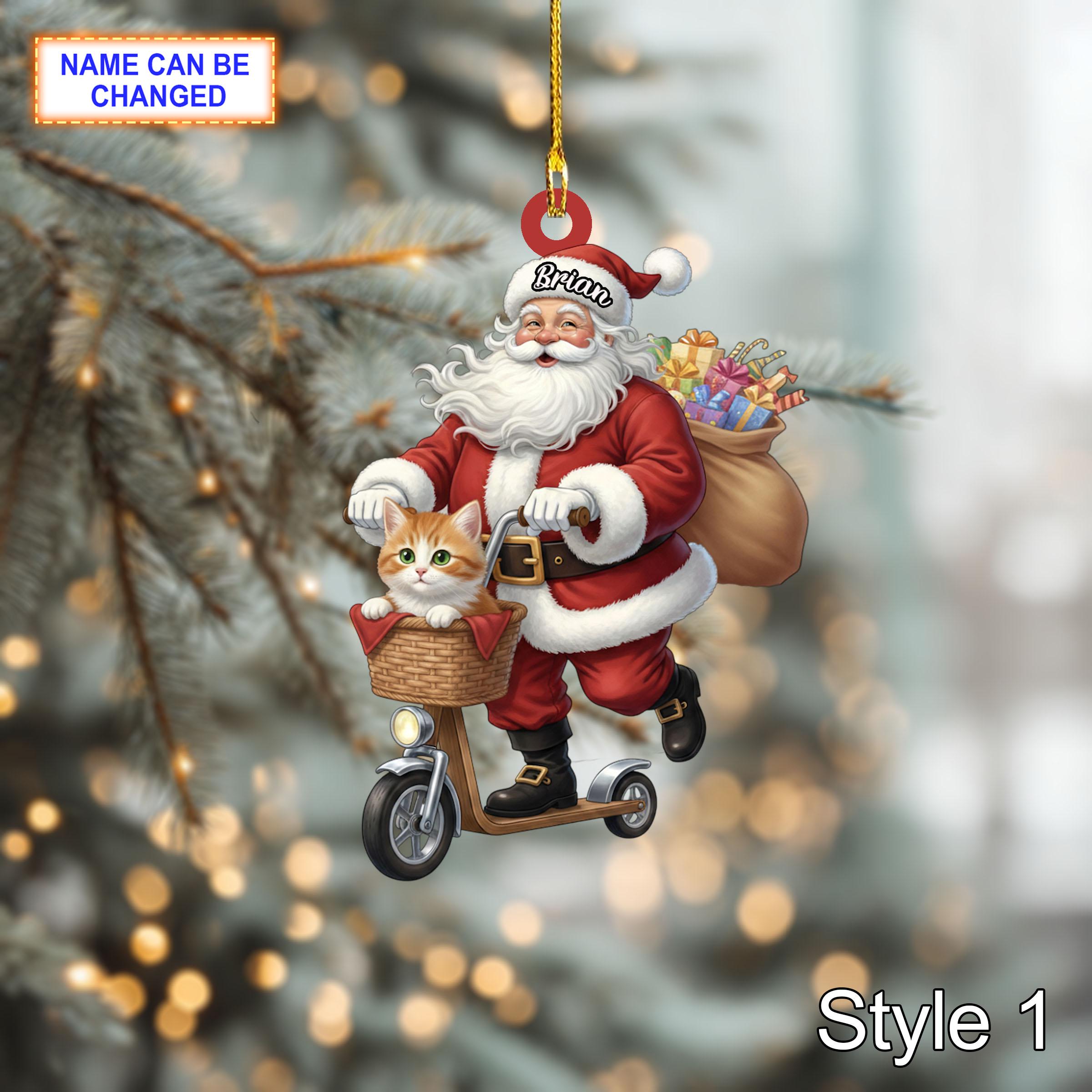 Custom Name Santa Kick Scooter Cat Personalized Ornament, Christmas Tree Hanging Decor, 2D Flat Acrylic Christmas Ornament Holiday Gift