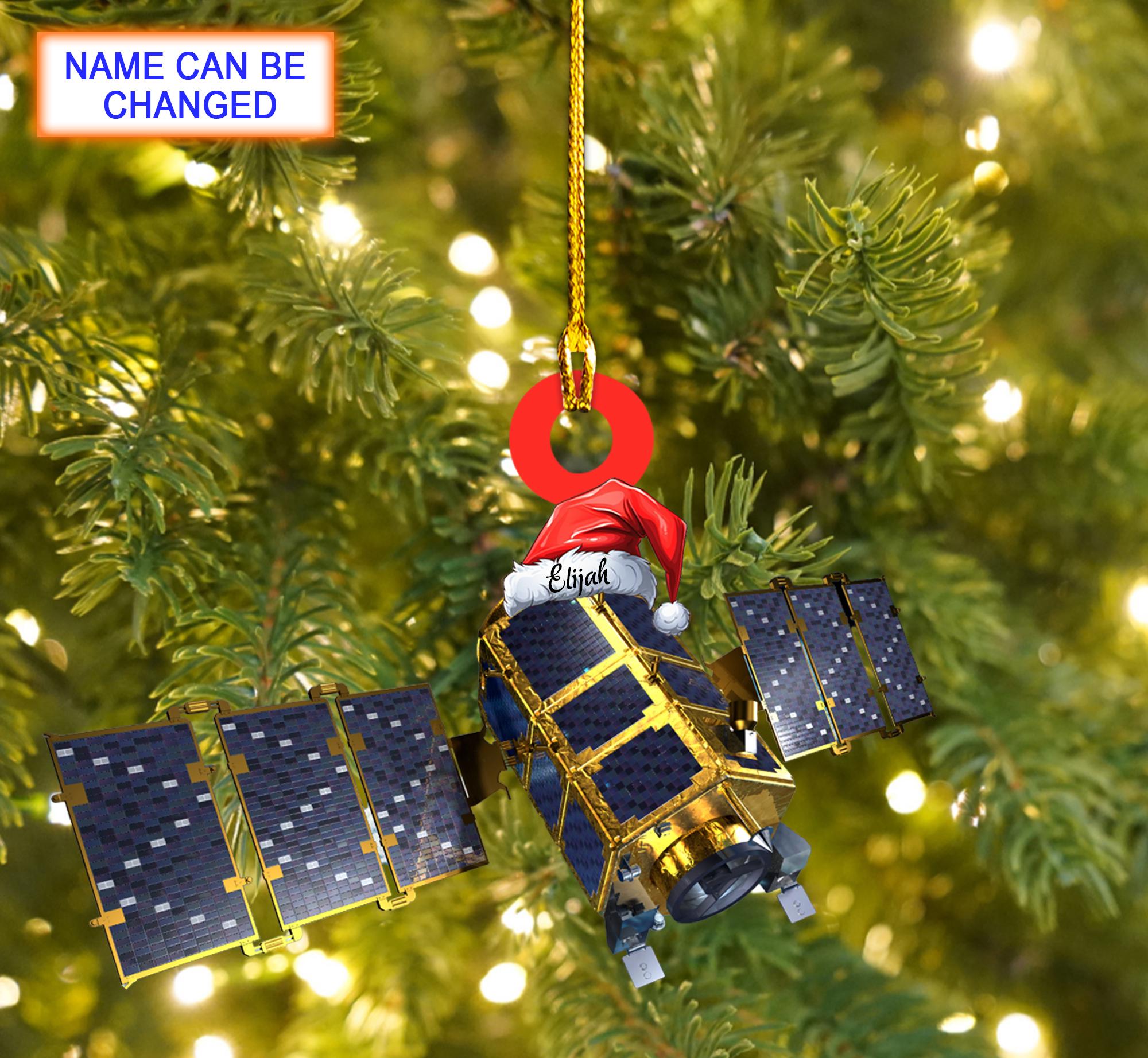 Custom Name Satellite With Santa Hat Personalized Ornament, Tree Hanging Decor, Christmas Ornament, Flat 2D Ornament Acrylic / Wooden