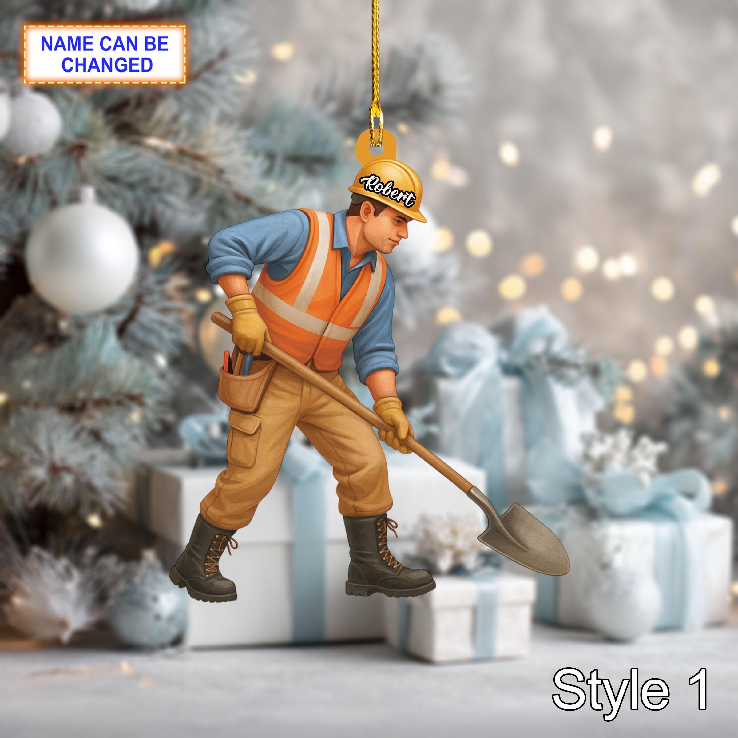 Custom Name Construction Worker Christmas Ornament, Holiday Tree Hanging Decor, 2D Flat Acrylic Ornament, Unique Worker Gift, Festive Decor