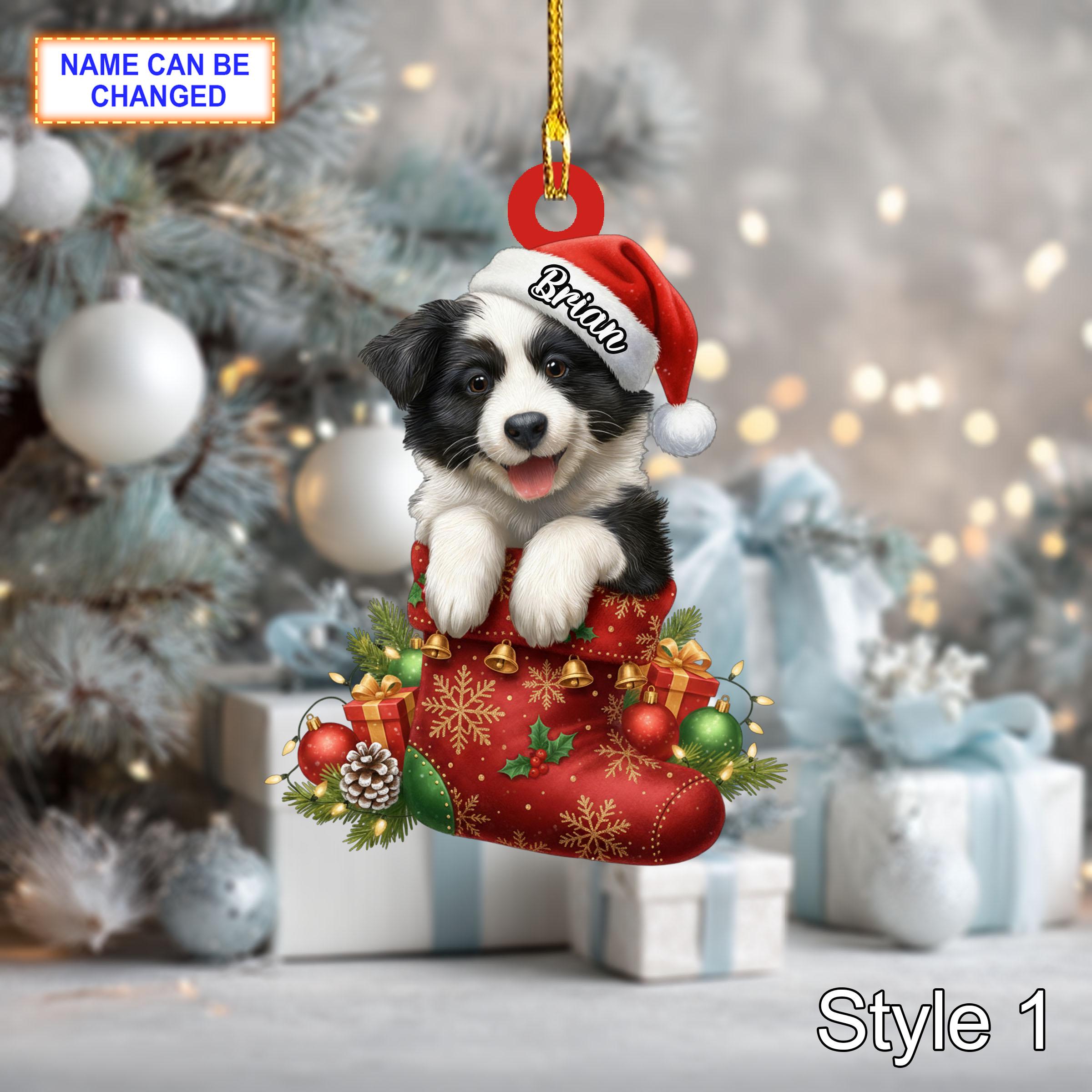 Custom Name Dog in Stocking Border Collie Personalized Ornament, Christmas Hanging Decor, 2D Flat Acrylic Christmas Ornament Holiday Gift