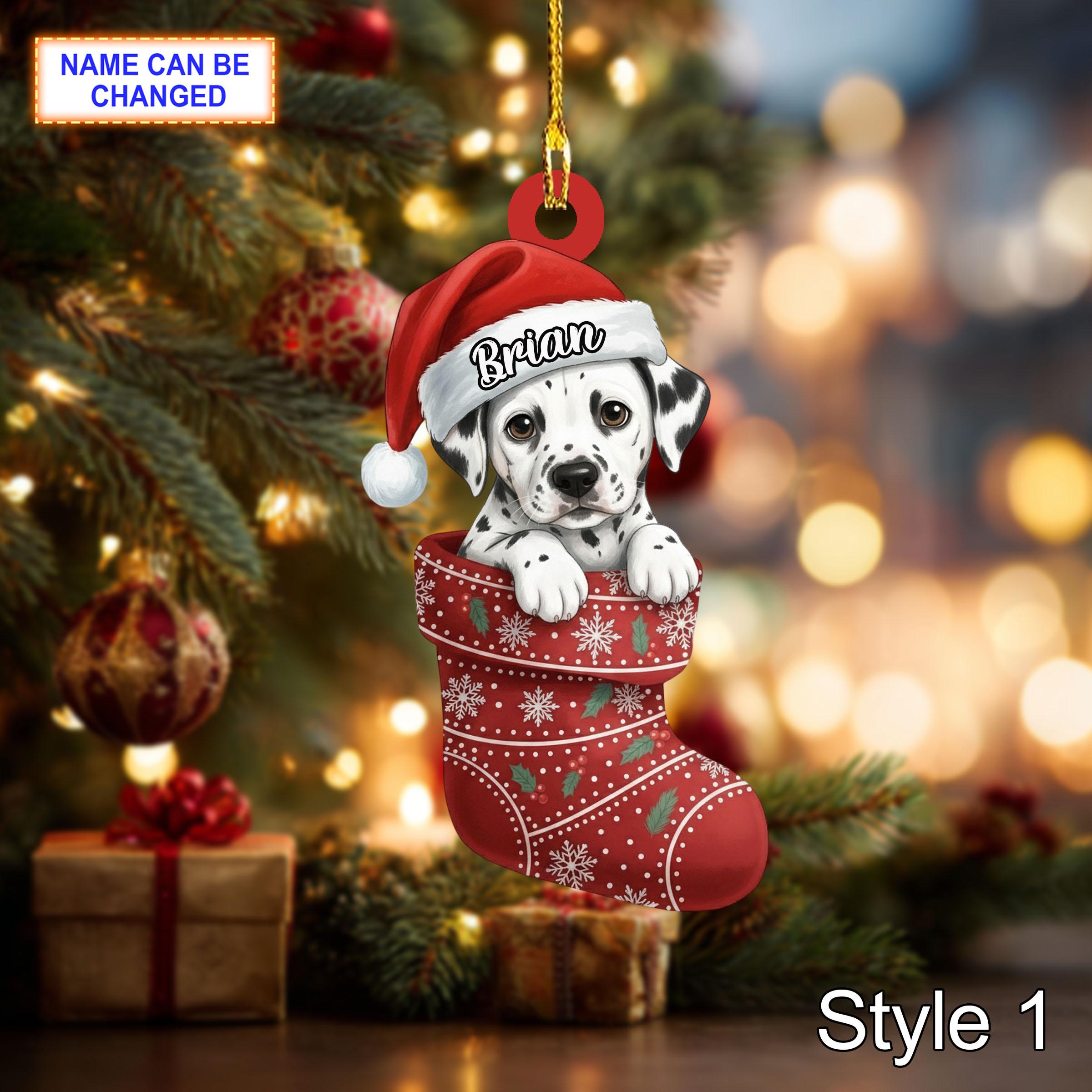 Custom Name Dog in Stocking Dalmatian Personalized Ornament, Christmas Tree Hanging Decor, 2D Flat Acrylic Christmas Ornament Holiday Gift