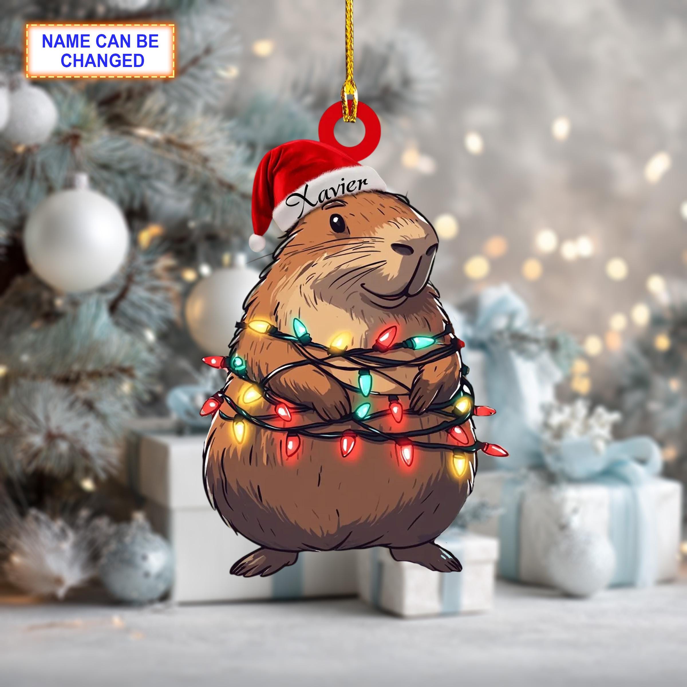 Custom Name Capybara Smile Christmas Lights Personalized Ornament, Christmas Tree Hanging Decor,Flat 2D Ornament Acrylic