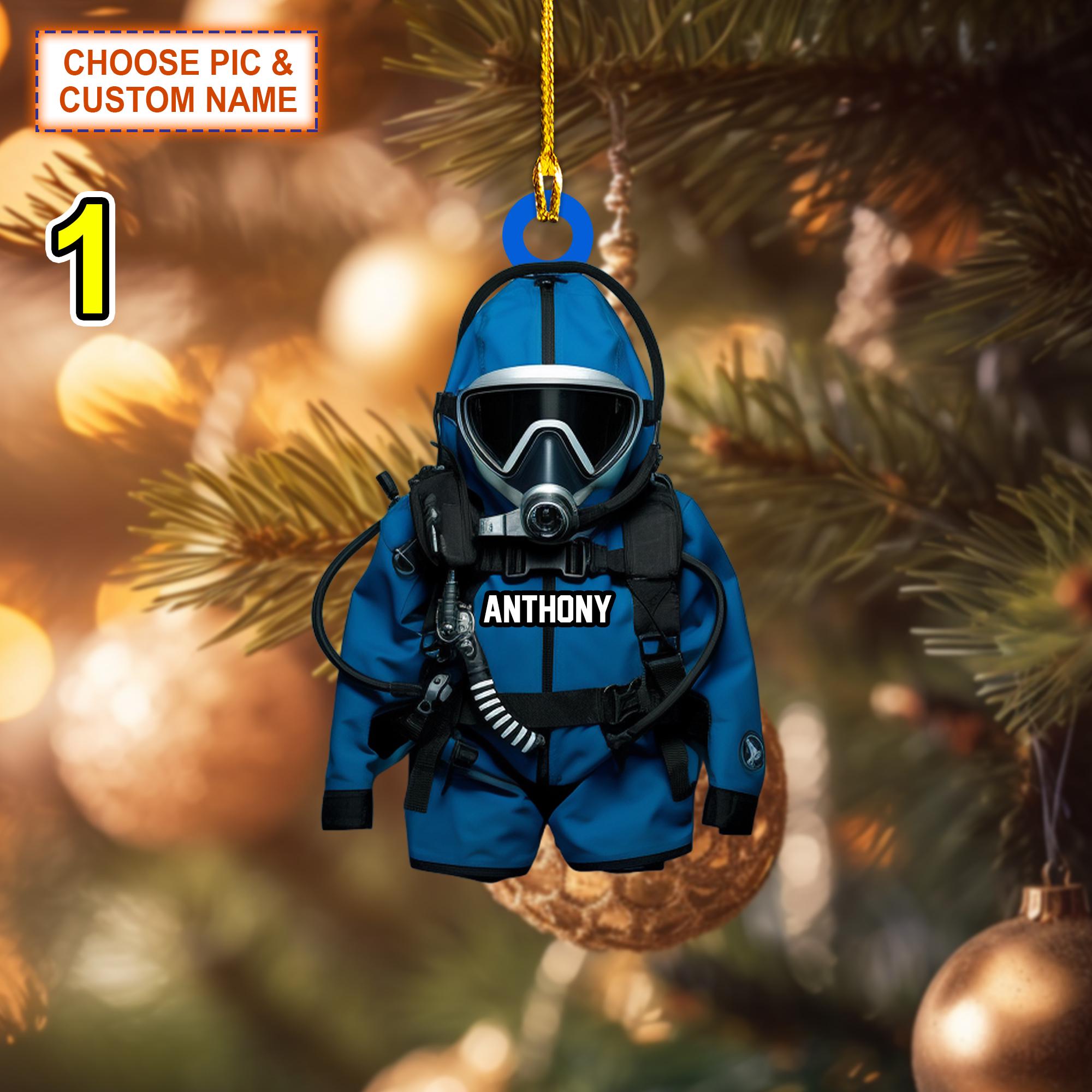 Custom Name Scuba Diving Equipment Christmas Ornament, Christmas Tree Hanging Decor, Flat 2D Ornament Acrylic/ Wooden, Scuba Diver Gift
