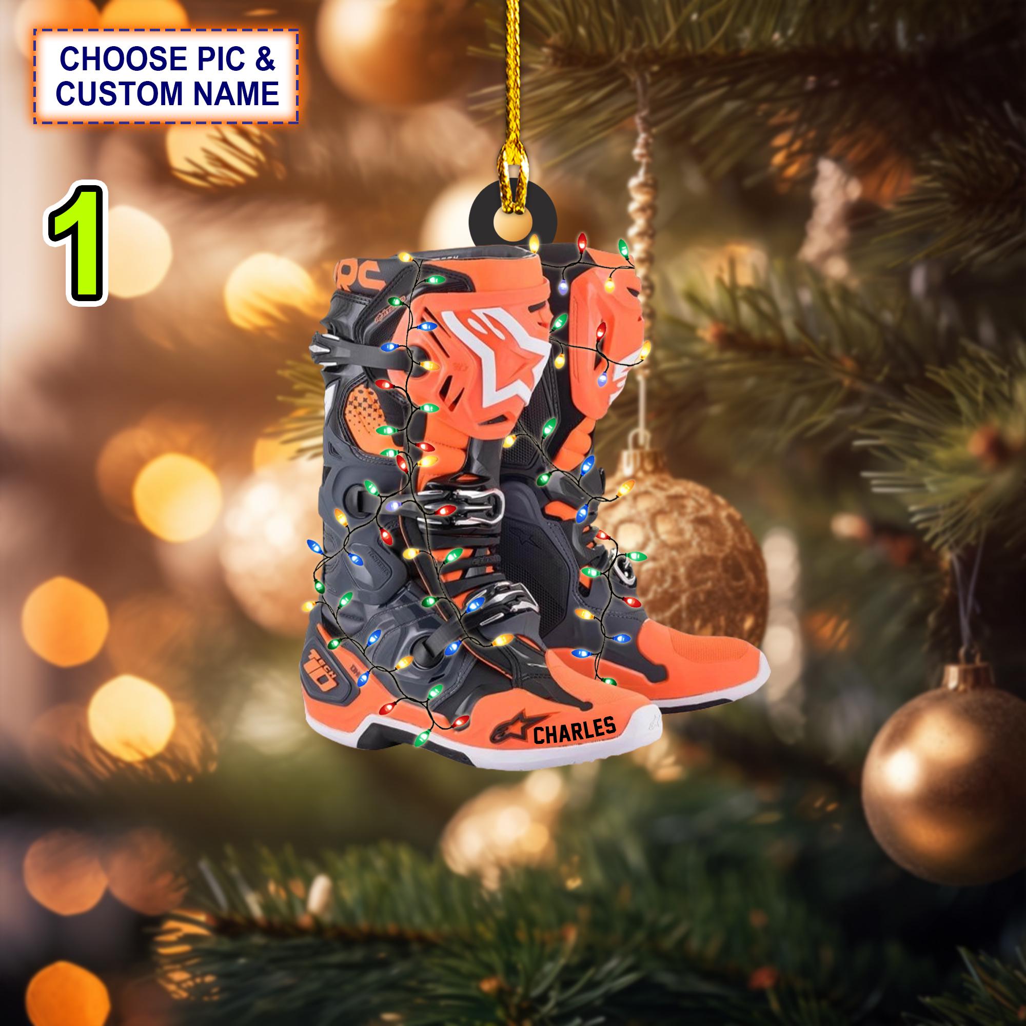 Custom Name Motocross Shoes With Christmas Light Christmas Ornament,Christmas Tree Hanging Decor, Flat 2D Ornament Acrylic/ Wooden