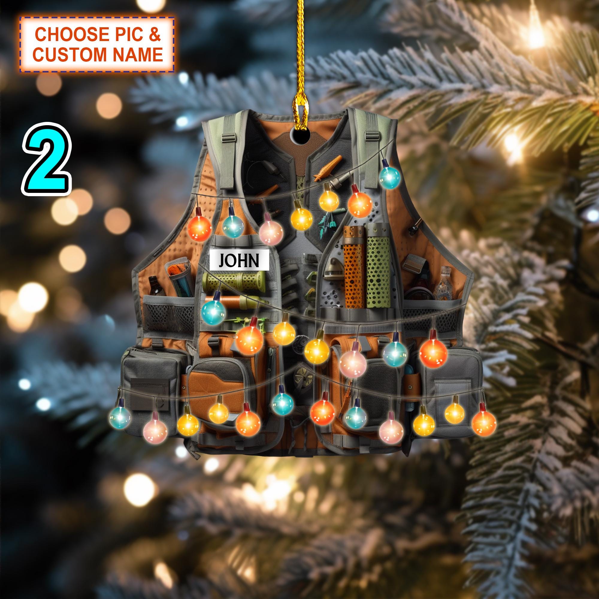Custom Name Fishing Vest Christmas Ornament, Christmas Tree Hanging Decor, Flat 2D Ornament Acrylic, Gift For Fishing Lovers