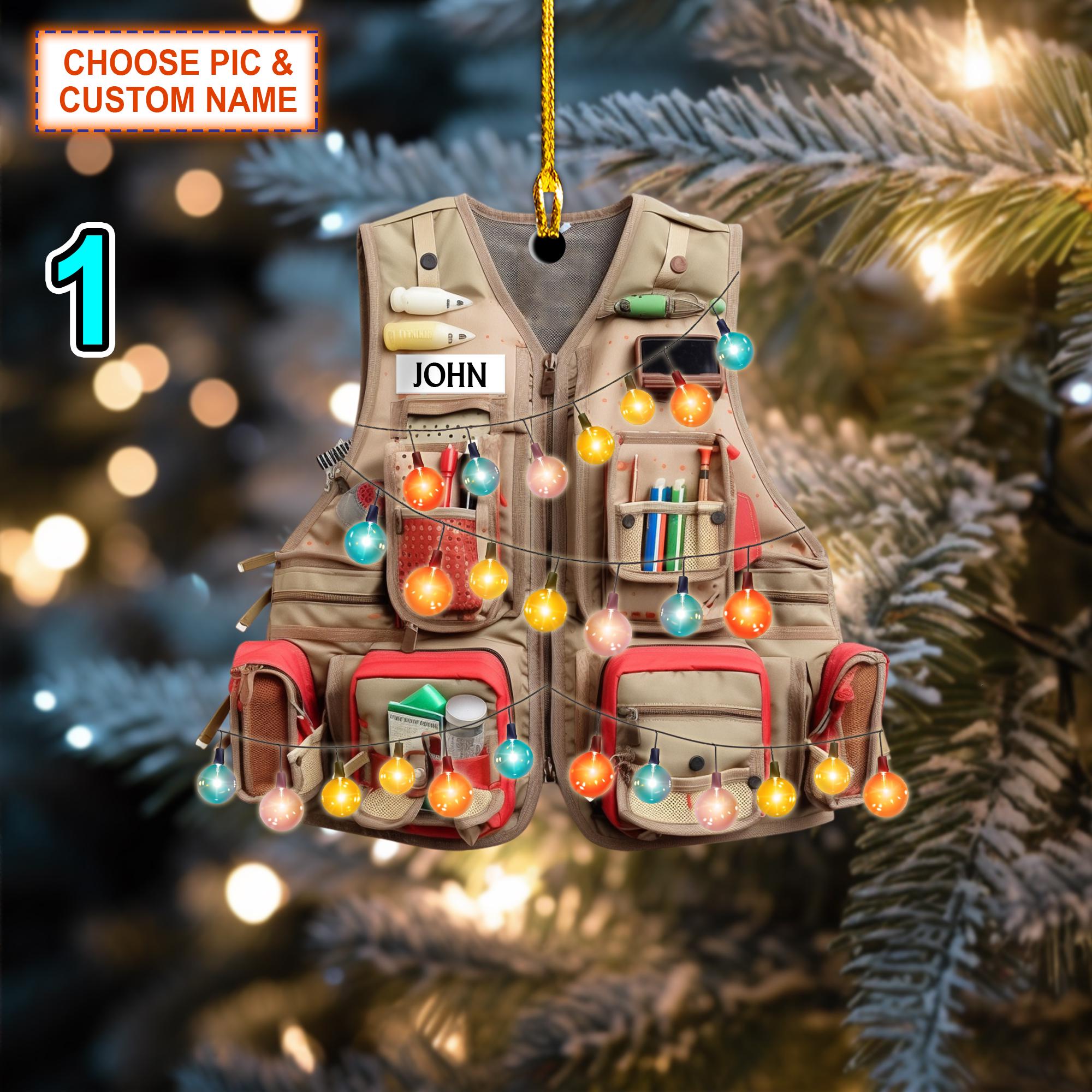 Custom Name Fishing Vest Christmas Ornament, Christmas Tree Hanging Decor, Flat 2D Ornament Acrylic/ Wooden, Gift For Fishing Lovers