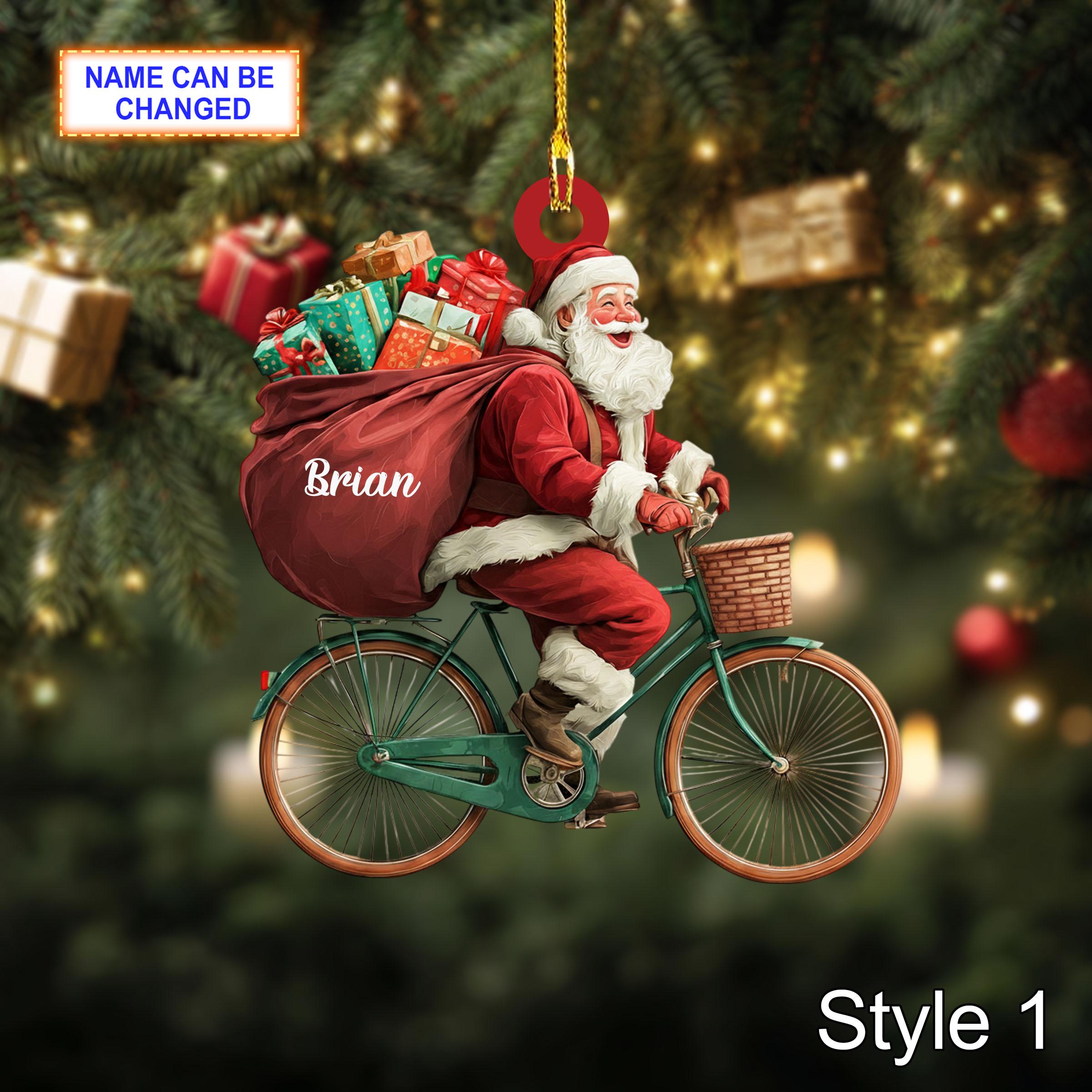 Custom Name Santa Drives Bicycle Personalized Ornament, Christmas Tree Hanging Decor, 2D Flat Acrylic Christmas Ornament Holiday Gift Fun