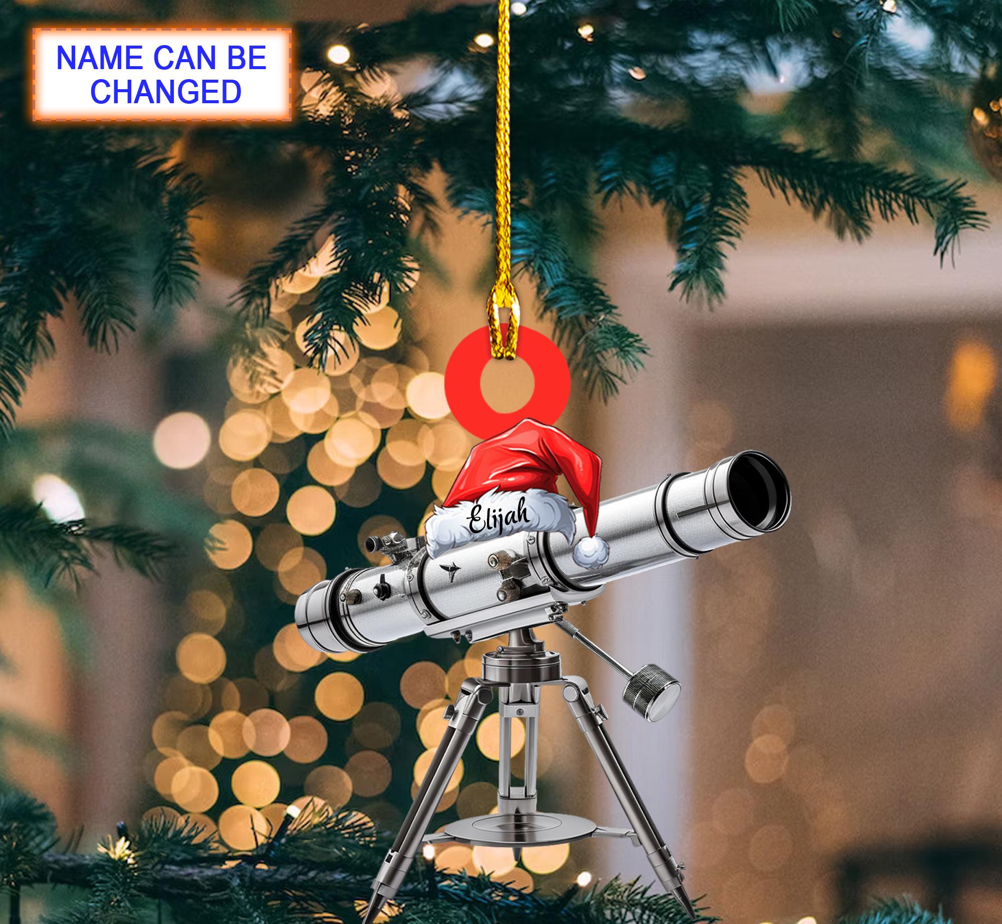 Custom Name Telescope With Santa Hat Personalized Ornament, Tree Hanging Decor, Christmas Ornament, Flat 2D Ornament Acrylic / Wooden