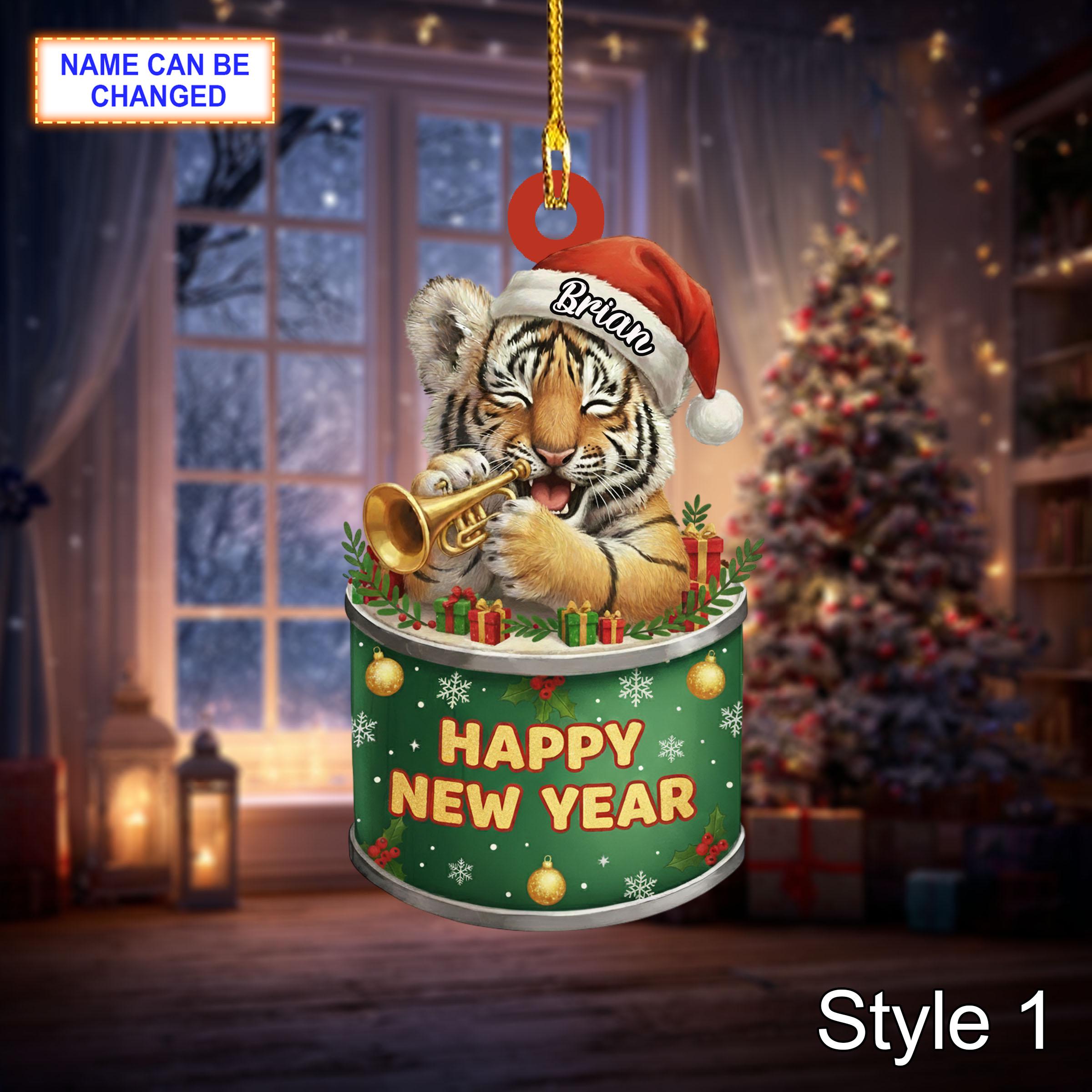 Custom Name Happy New Year Tiger Personalized Ornament, Christmas Tree Hanging Acrylic Decor, 2D Flat Acrylic Christmas Ornaments Gifts