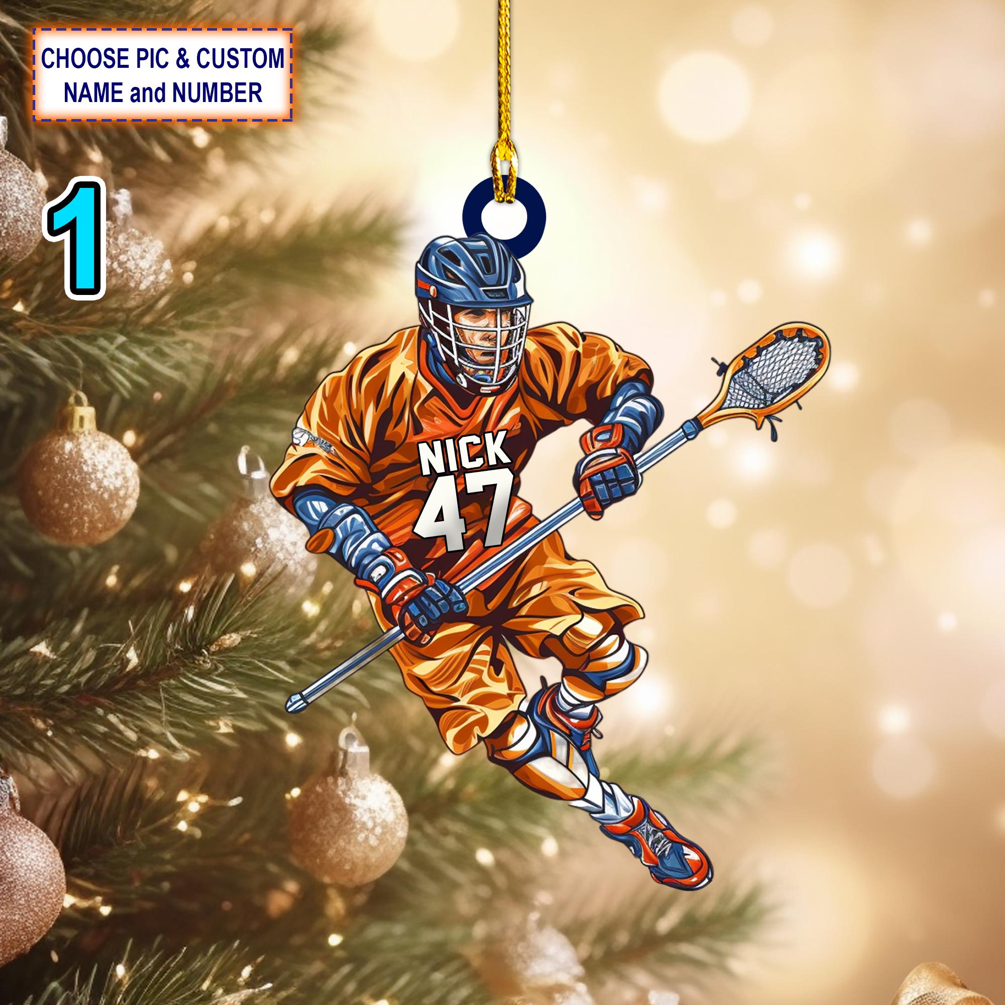 Custom Name And Number Lacrosse Players Christmas Ornament, Christmas Tree Hanging Decor, Flat 2D Ornament Acrylic/ Wooden