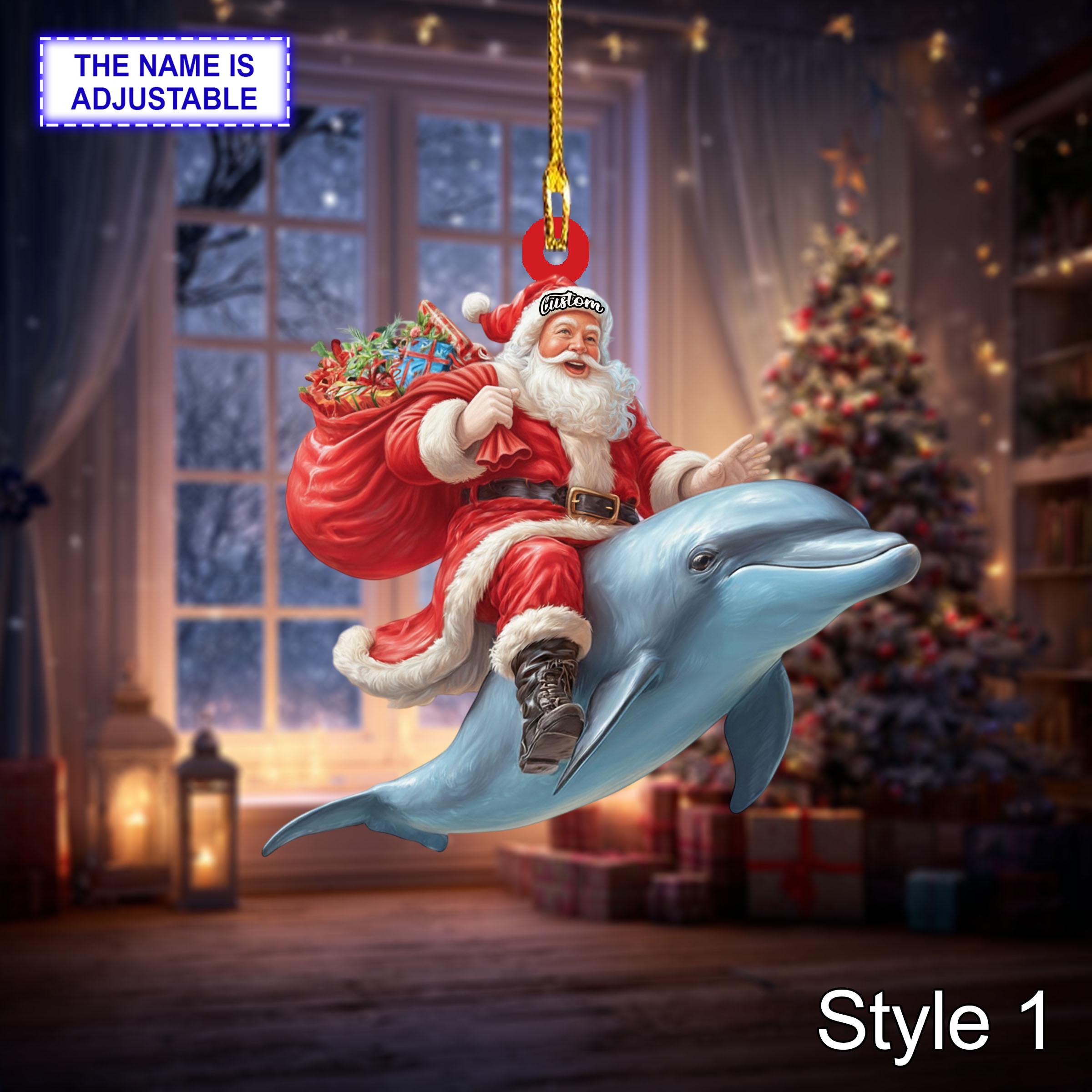 Santa riding Dolphin acrylic 2D flat Christmas ornament, festive tree hanging acrylic holiday decoration, unique Santa riding dolphin gift