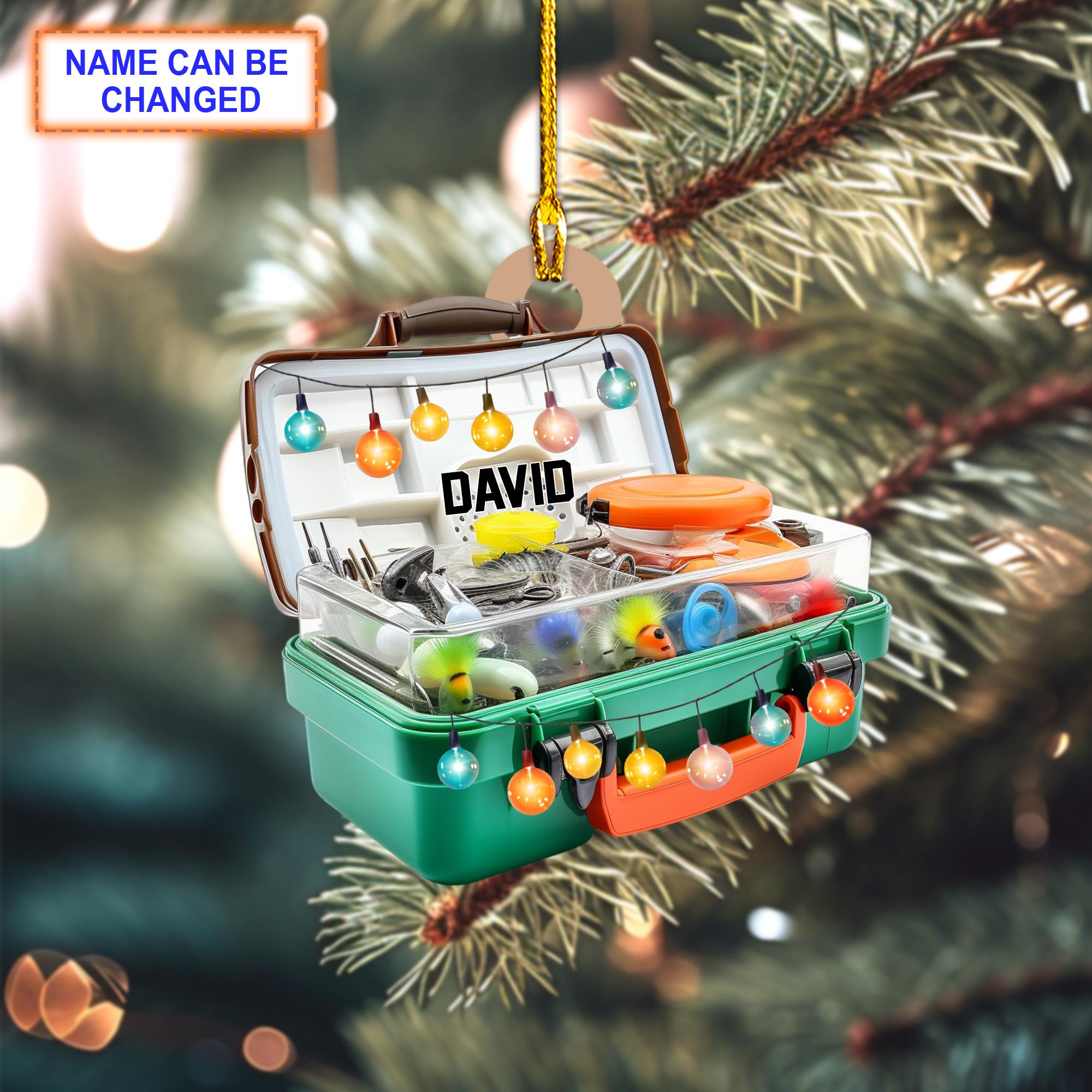 Custom Name Fishing Tackle Box Personalized Christmas Ornament, Christmas Tree Hanging Decor, Flat 2D Ornament Acrylic/ Wooden