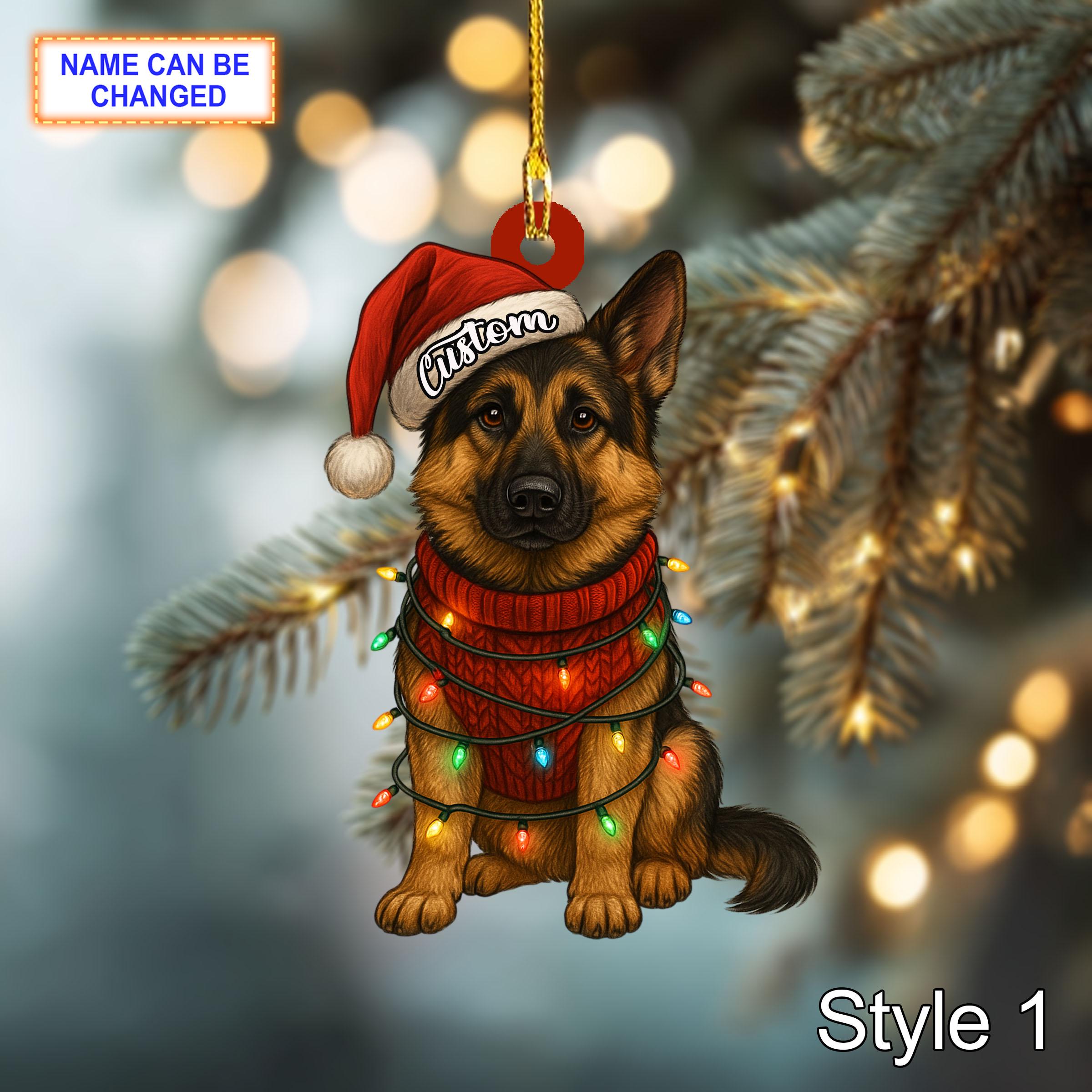 Custom Name Sitting German Shepherd Dog with Santa Hat and Christmas Lights Ornament, festive tree hanging decor, Christmas flat 2D ornament