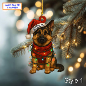 Custom Name Sitting German Shepherd Dog with Santa Hat and Christmas Lights Ornament, festive tree hanging decor, Christmas flat 2D ornament