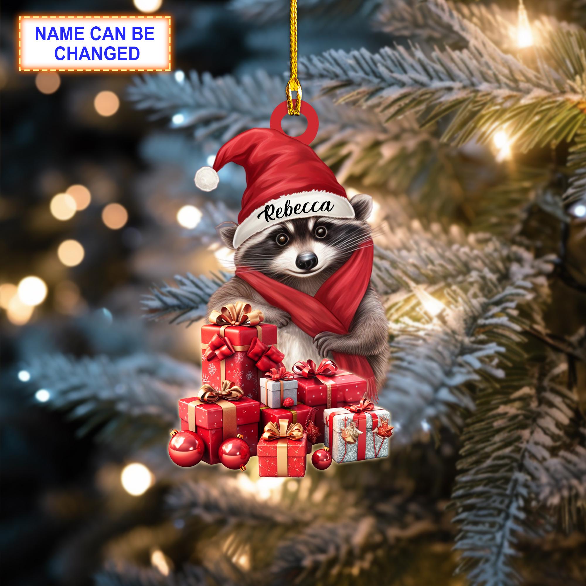 Custom Name Raccoon Christmas Ornament, Christmas Tree Hanging Decor, Flat 2D Ornament Acrylic/ Wooden, Cute Raccoon Gift
