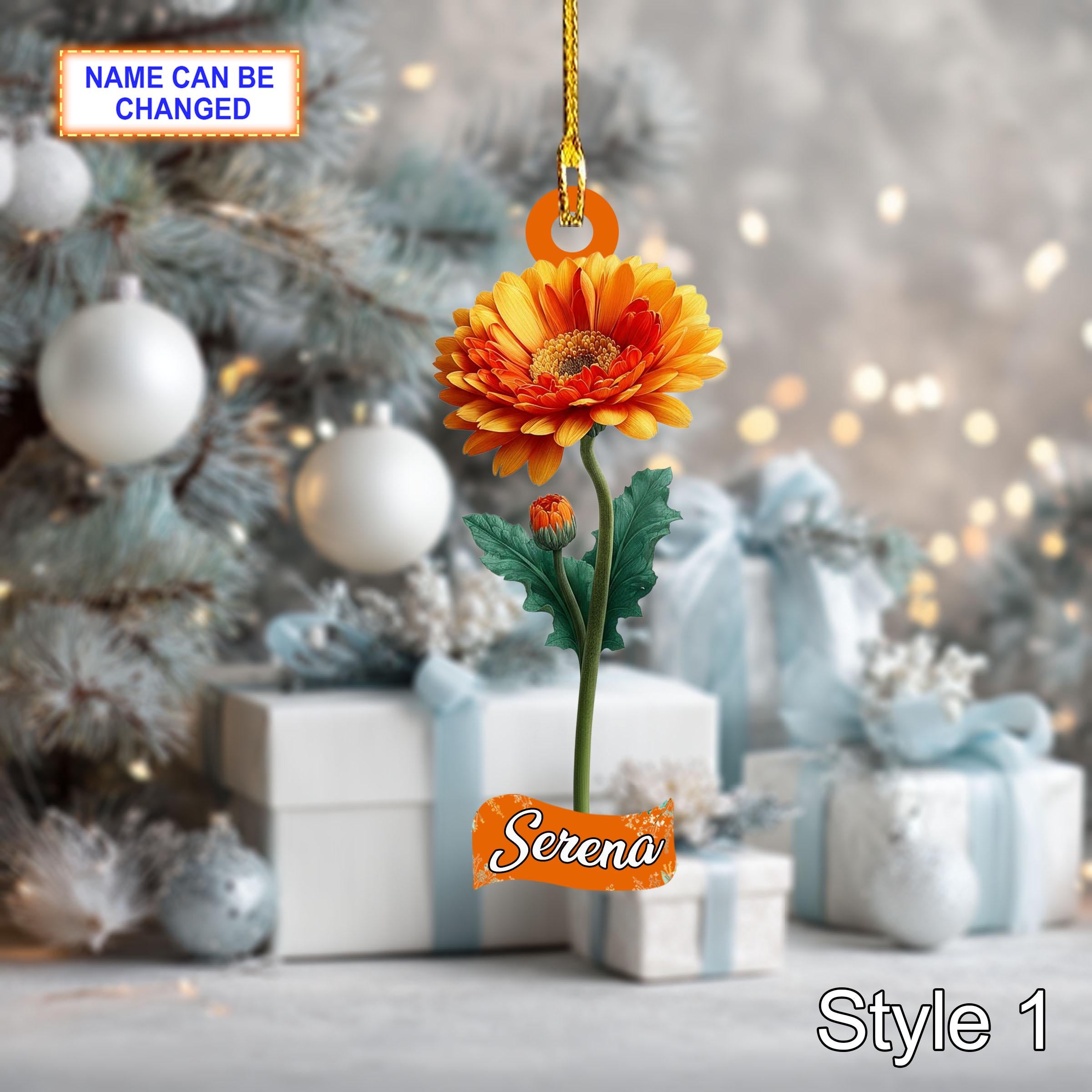 Custom Name Dry Pressing Gerbera Daisy Personalized Ornament, Christmas Tree Hanging Decor, 2D Flat Acrylic Christmas Ornament Holiday Gift