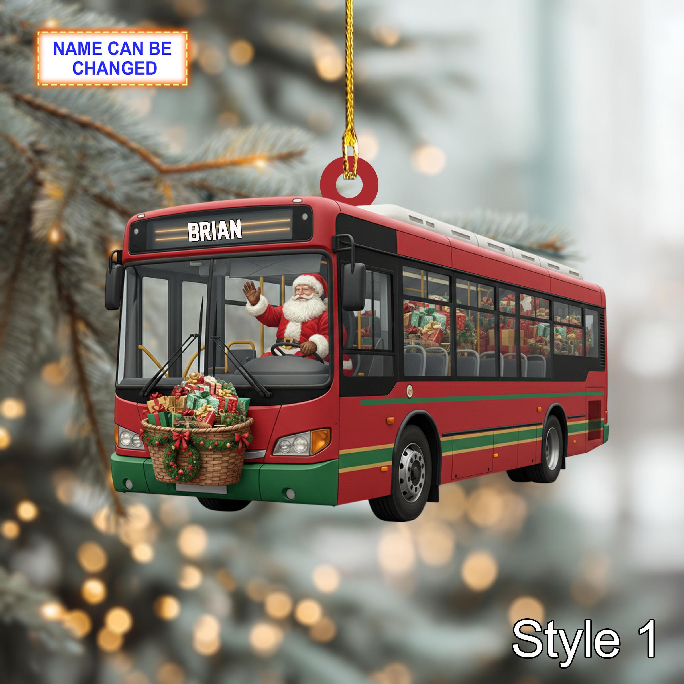Custom Name Santa Drives Bus Personalized Ornament, Christmas Tree Hanging Decor, 2D Flat Acrylic Christmas Ornament Holiday Gift Magic