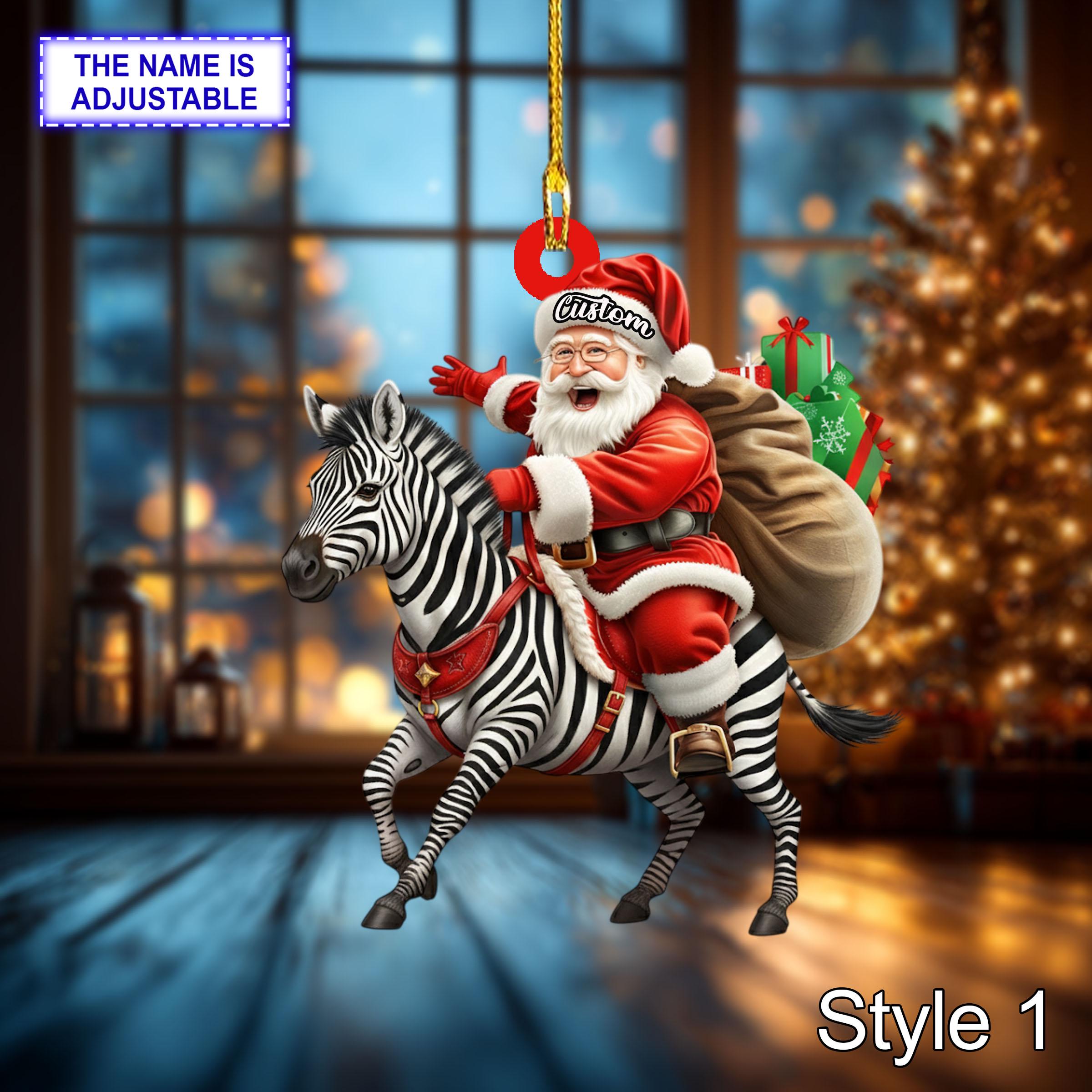 Santa riding Zebra acrylic 2D flat Christmas ornament, festive tree hanging acrylic holiday decoration, unique Santa riding zebra gift