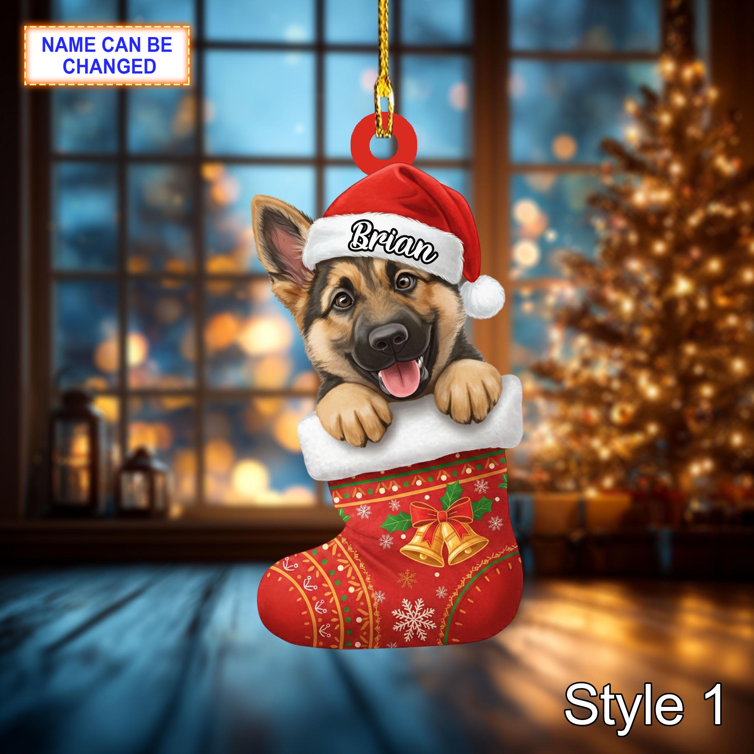 Custom Name Dog in Stocking Shepherd Personalized Ornament, Christmas Tree Hanging Decor, 2D Flat Acrylic Christmas Ornament Holiday Gift