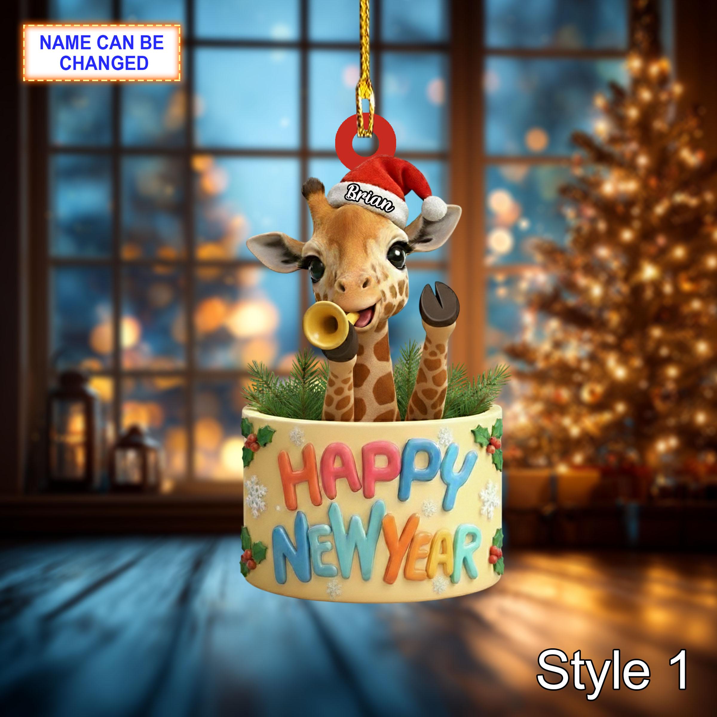Custom Name Happy New Year Giraffe Personalized Ornament, Christmas Tree Hanging Decor, 2D Flat Acrylic Christmas Ornament Holiday Gift