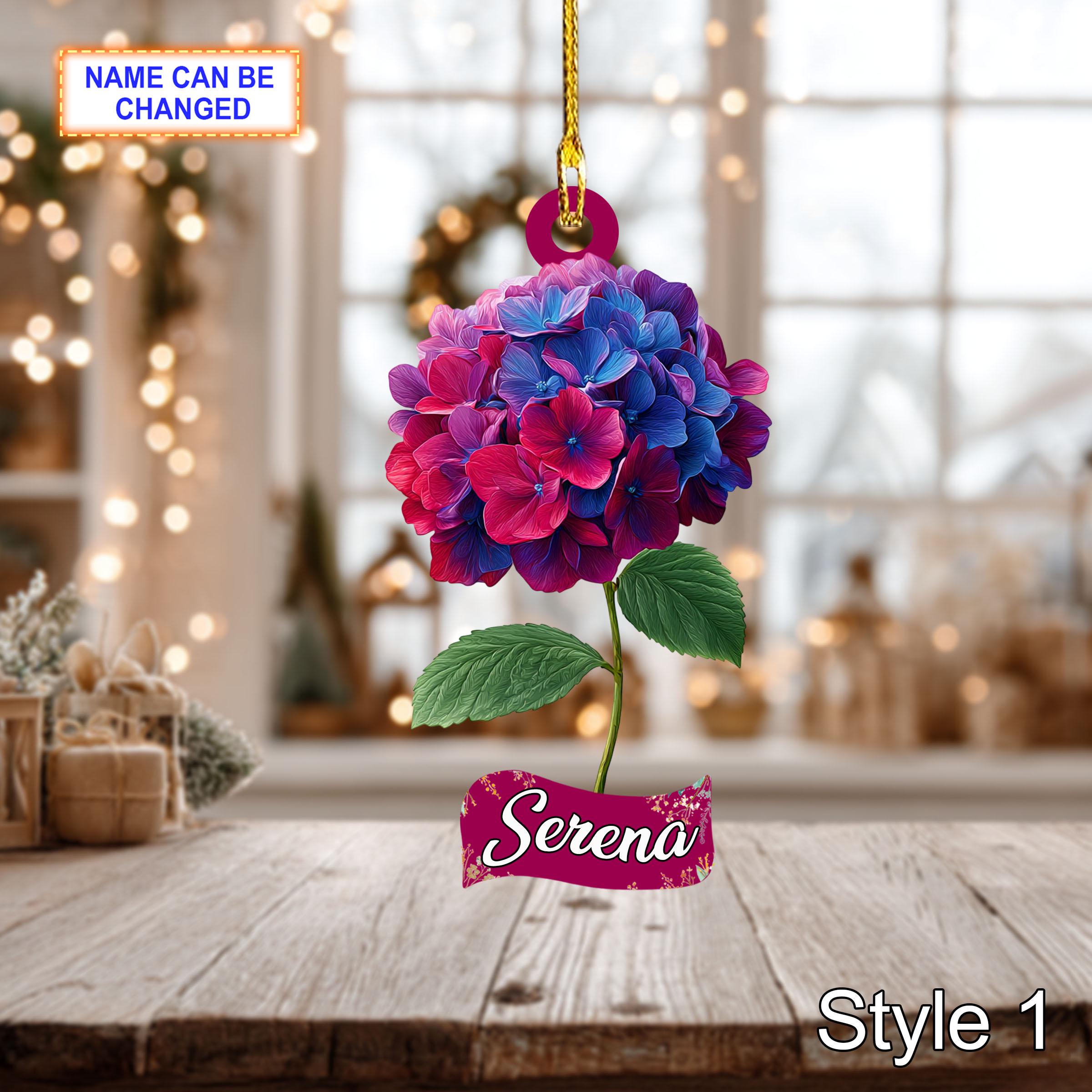 Custom Name Dry Pressing Hydrangeaceae Personalized Ornament, Christmas Tree Hanging Decor, 2D Flat Acrylic Christmas Ornament Holiday Gift
