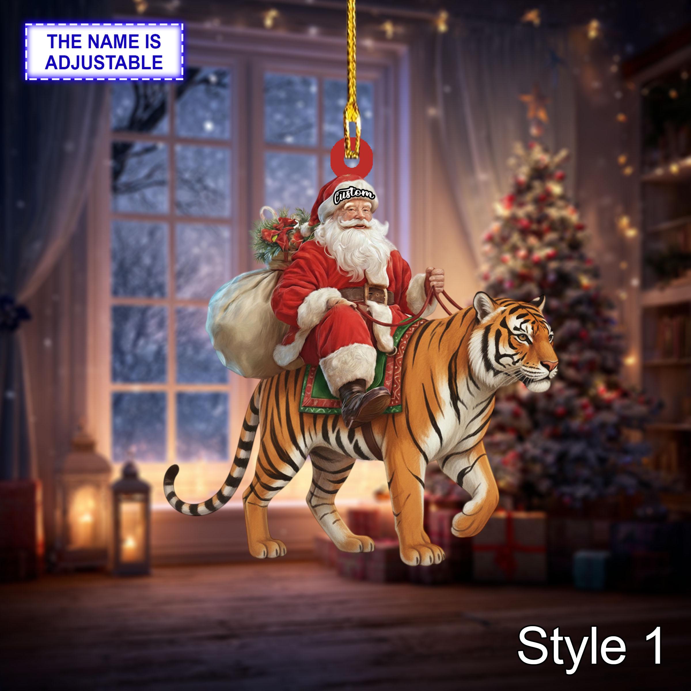 Santa riding Tiger acrylic 2D flat Christmas ornament, festive tree hanging acrylic holiday decoration, unique Santa riding tiger gift