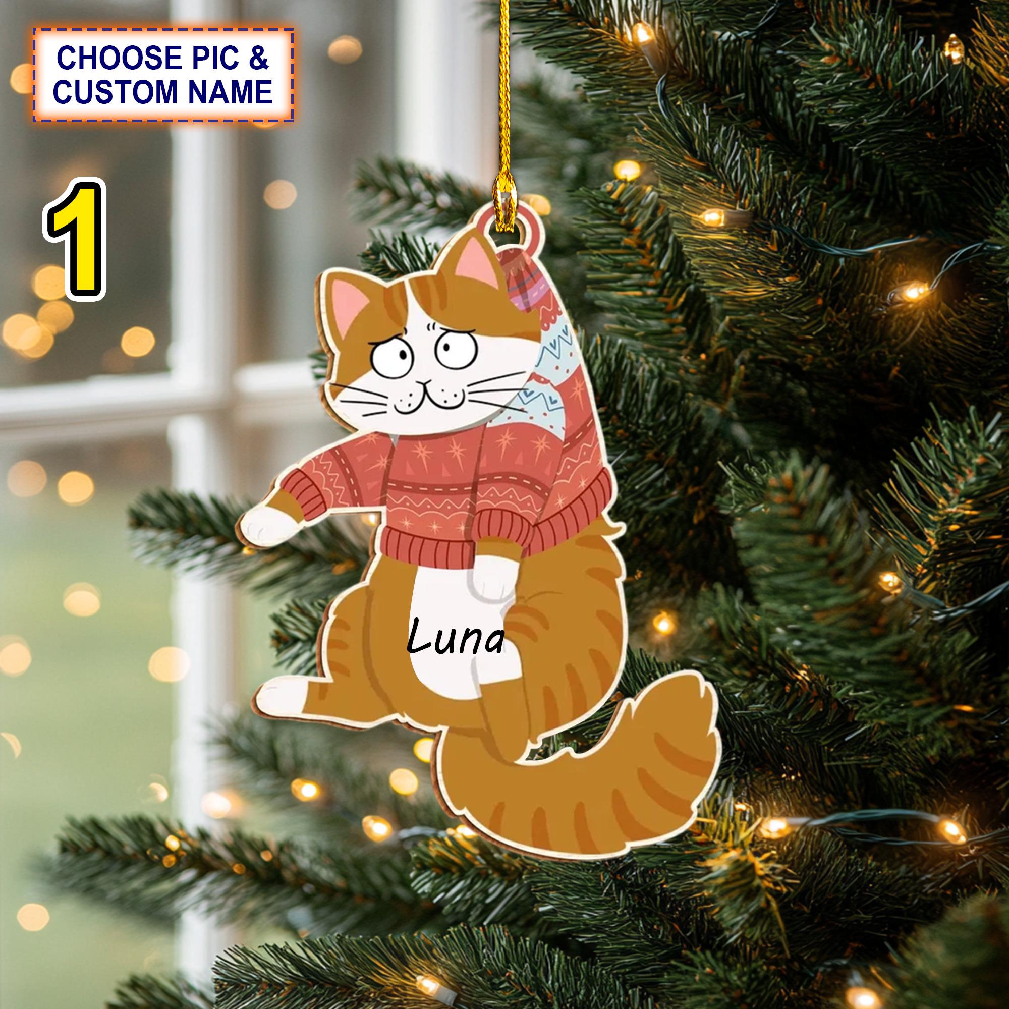 Custom Name Hanging Cats Christmas Personalized Ornament, Christmas Tree Hanging Decor, Flat 2D Ornament Acrylic/ Wooden
