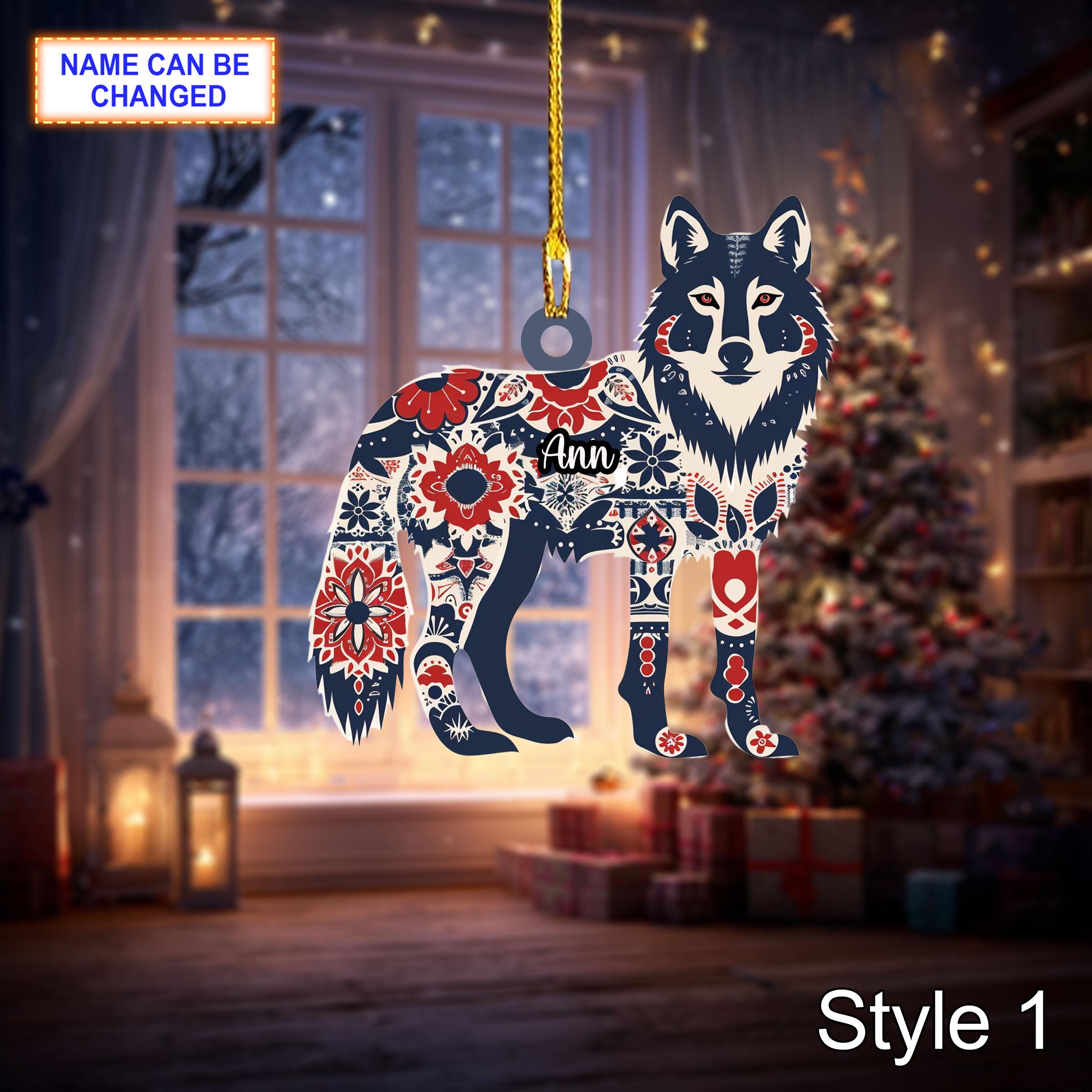 Custom Name Scandinavian Gray Wolf Personalized Ornament, Christmas Tree Hanging Decor, 2D Flat Acrylic Christmas Ornament Holiday Gift