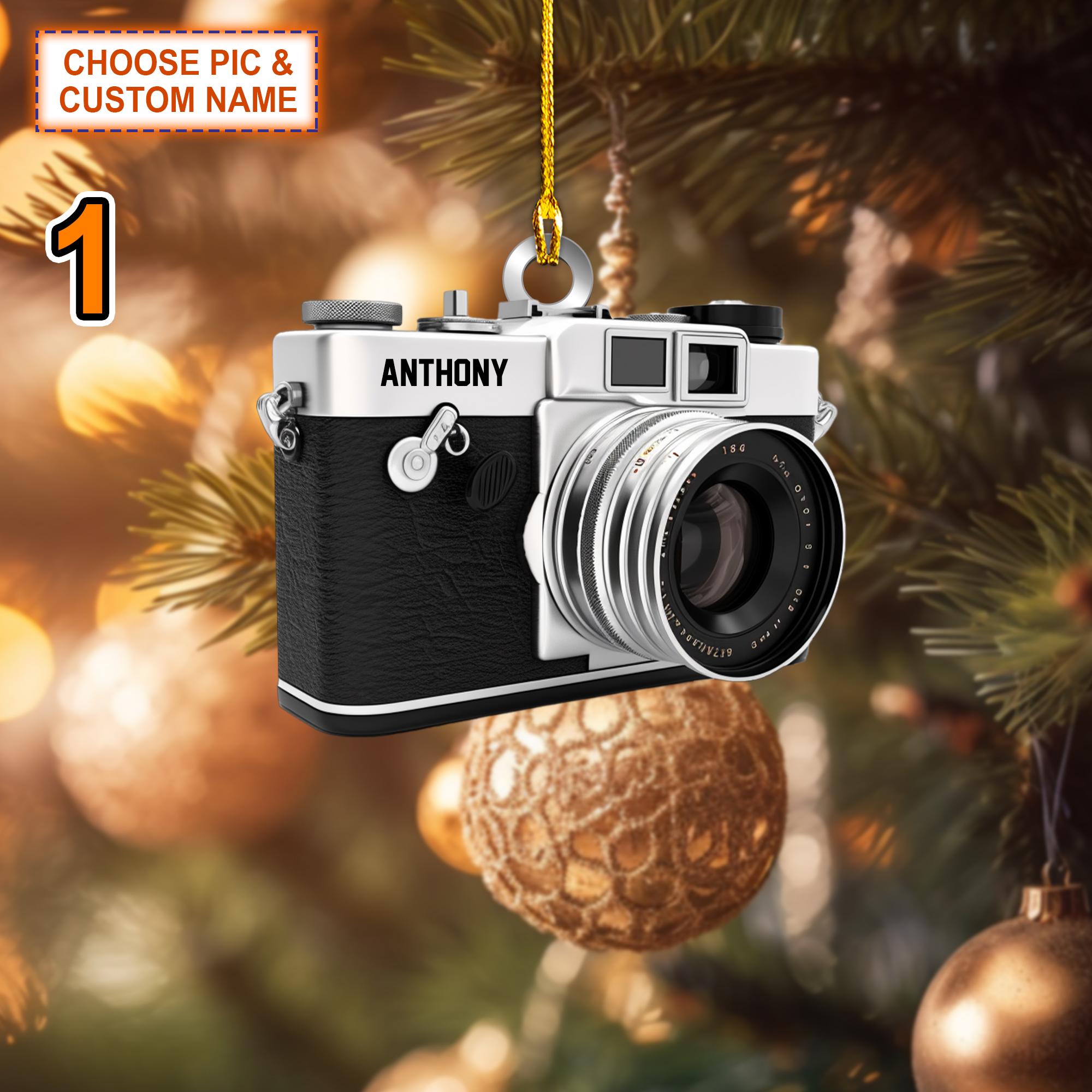 Custom Name Camera Christmas Ornament, Christmas Tree Hanging Decor, Flat 2D Ornament Acrylic/ Wooden, Gift Gift For Photographers