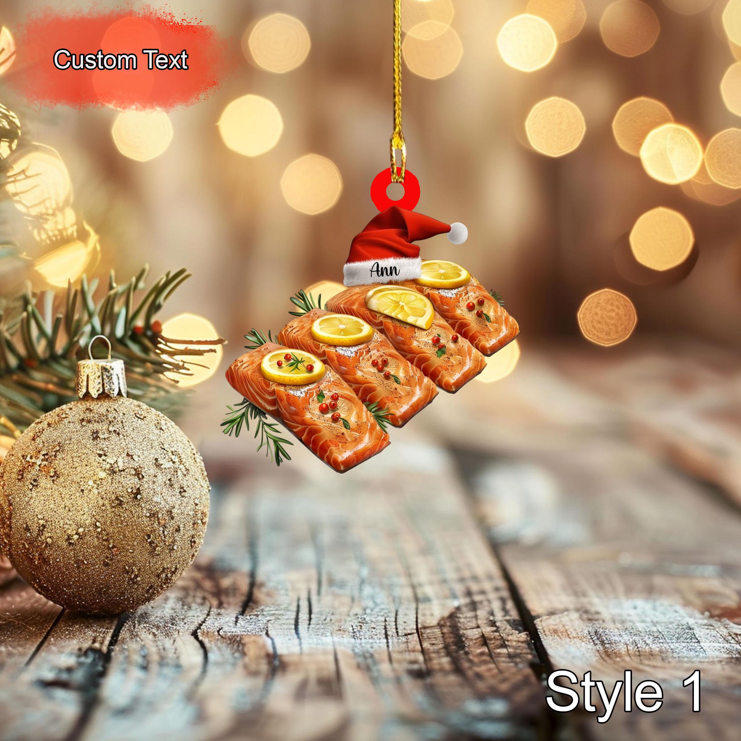 Custom Lemon Butter Baked Salmon Christmas Ornament, 2D Flat Acrylic Holiday Decoration, Personalized Food Ornament for Tree Hanging Gift