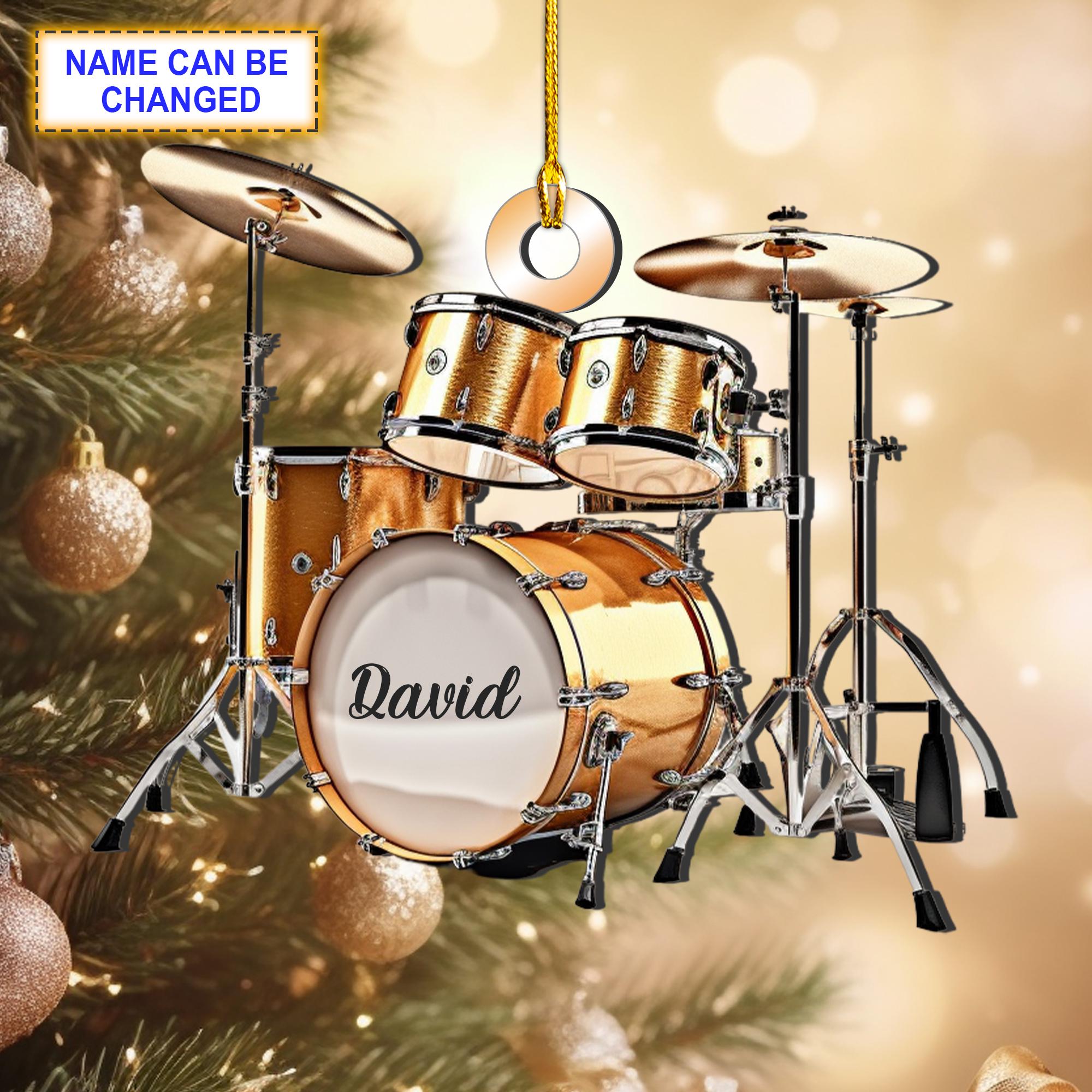 Custom Name Gold Drum Set Christmas Ornament, Christmas Tree Hanging Decor, Flat 2D Ornament Acrylic/Wooden, Gift For Drummer Player