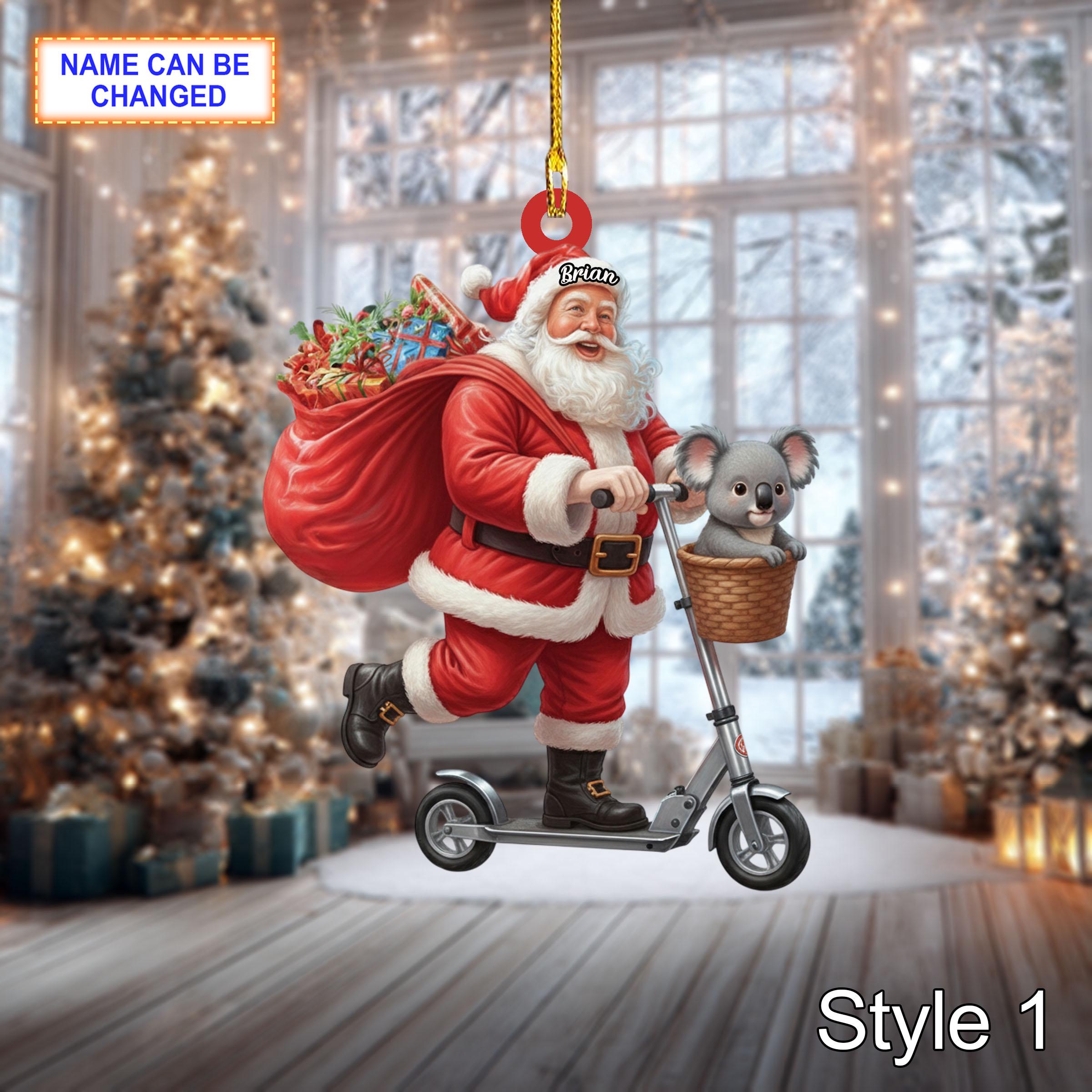 Custom Name Santa Kick Scooter Koala Personalized Ornament, Christmas Tree Hanging Decor, 2D Flat Acrylic Christmas Ornament Holiday Gift