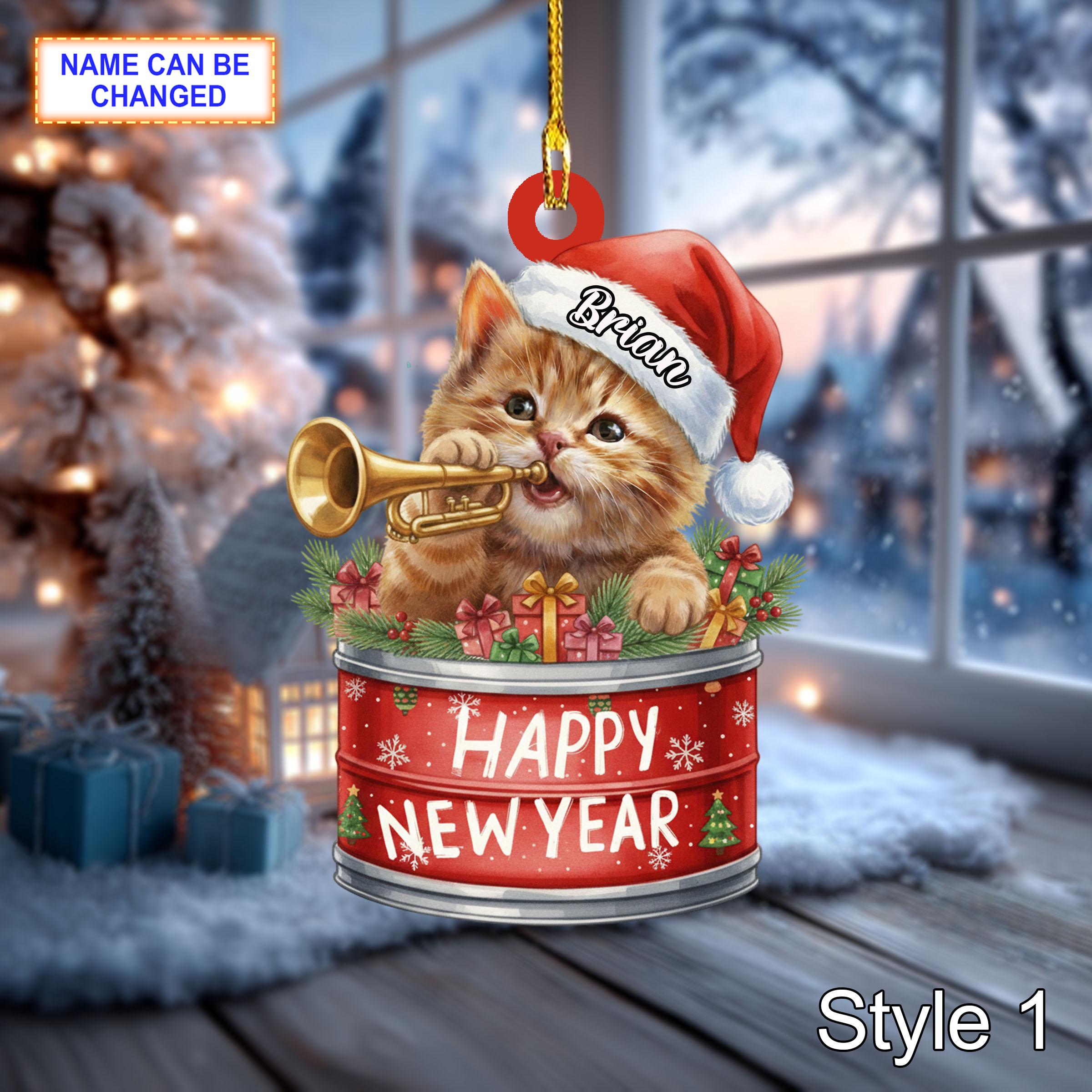Custom Name Happy New Year Cat Personalized Ornament, Christmas Tree Hanging Decor, 2D Flat Acrylic Christmas Ornament Holiday Keepsake Gift