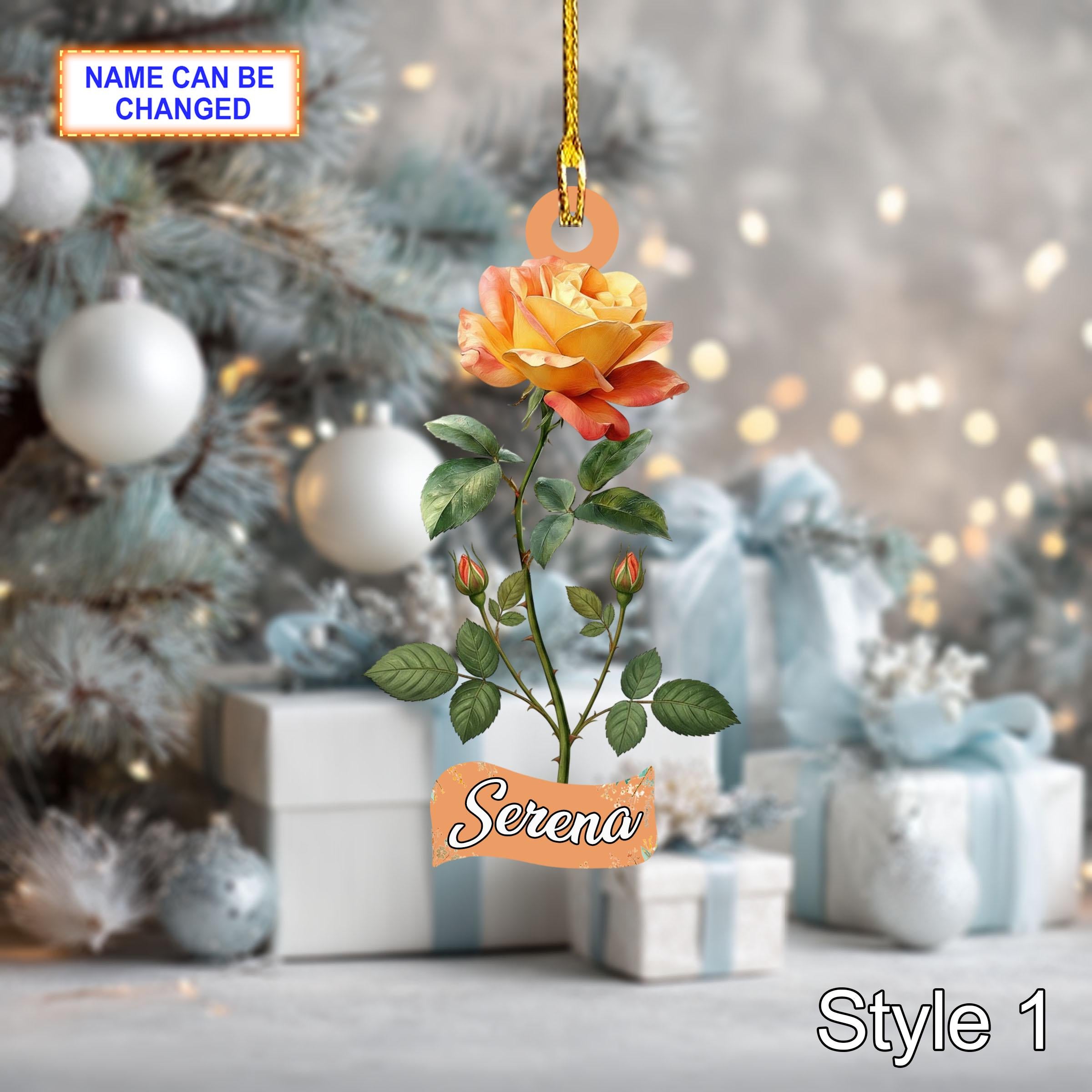 Custom Name Dry Pressing Rose Personalized Ornament, Christmas Tree Hanging Decoration, 2D Flat Acrylic Christmas Ornament Holiday Gift