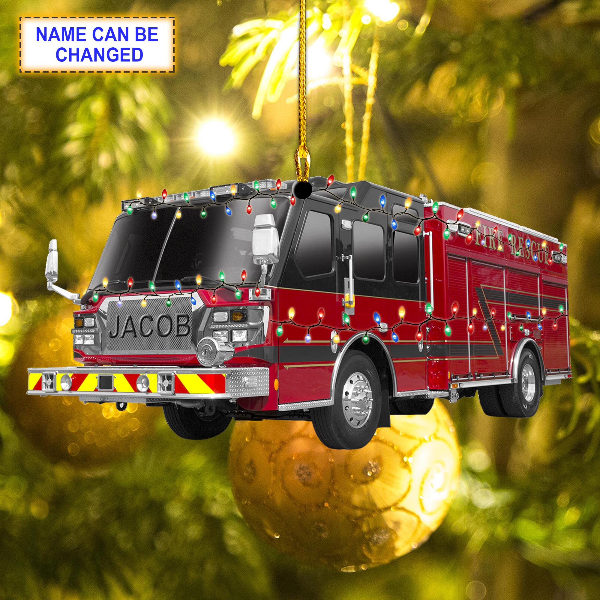 Custom Name Fire Truck With Led Light Christmas Ornament Vehicle, Christmas Tree Hanging Decor, Flat 2D Ornament Acrylic/Wooden
