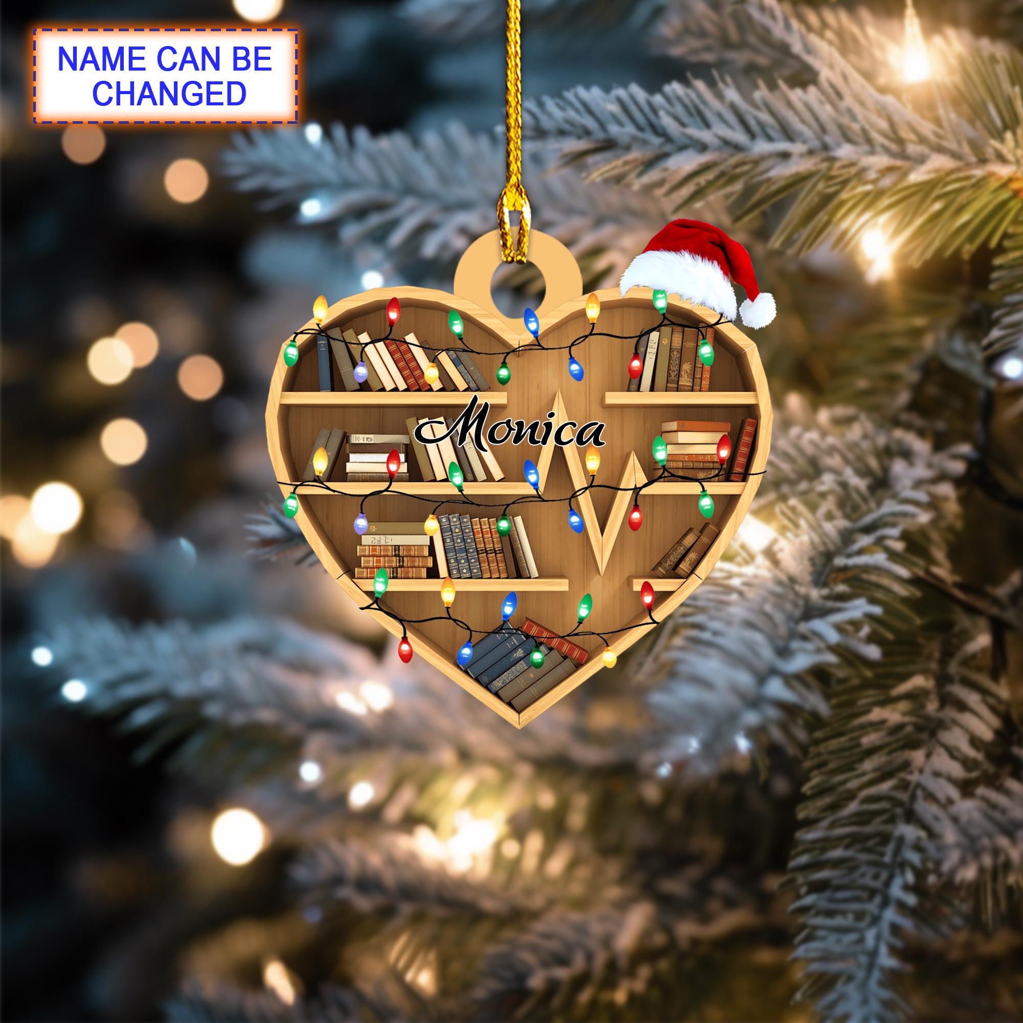 Custom Name Bookshelf Christmas Ornament, Christmas Tree Hanging Decor, Flat 2D Ornament Acrylic/ Wooden, Gift for Book Lovers