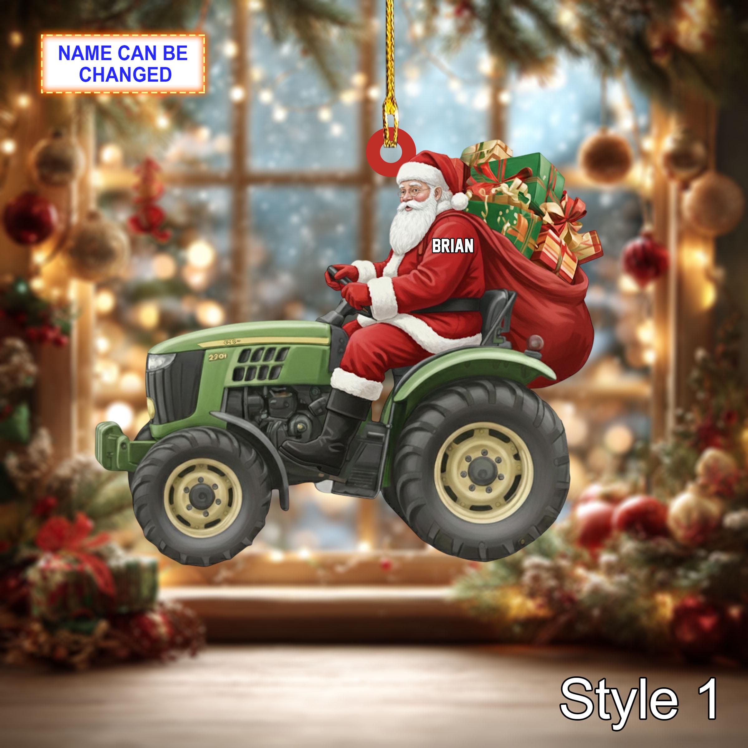 Custom Name Santa Drives Agrimotor Personalized Ornament, Christmas Tree Hanging Decor, 2D Flat Acrylic Christmas Ornament Holiday Gift