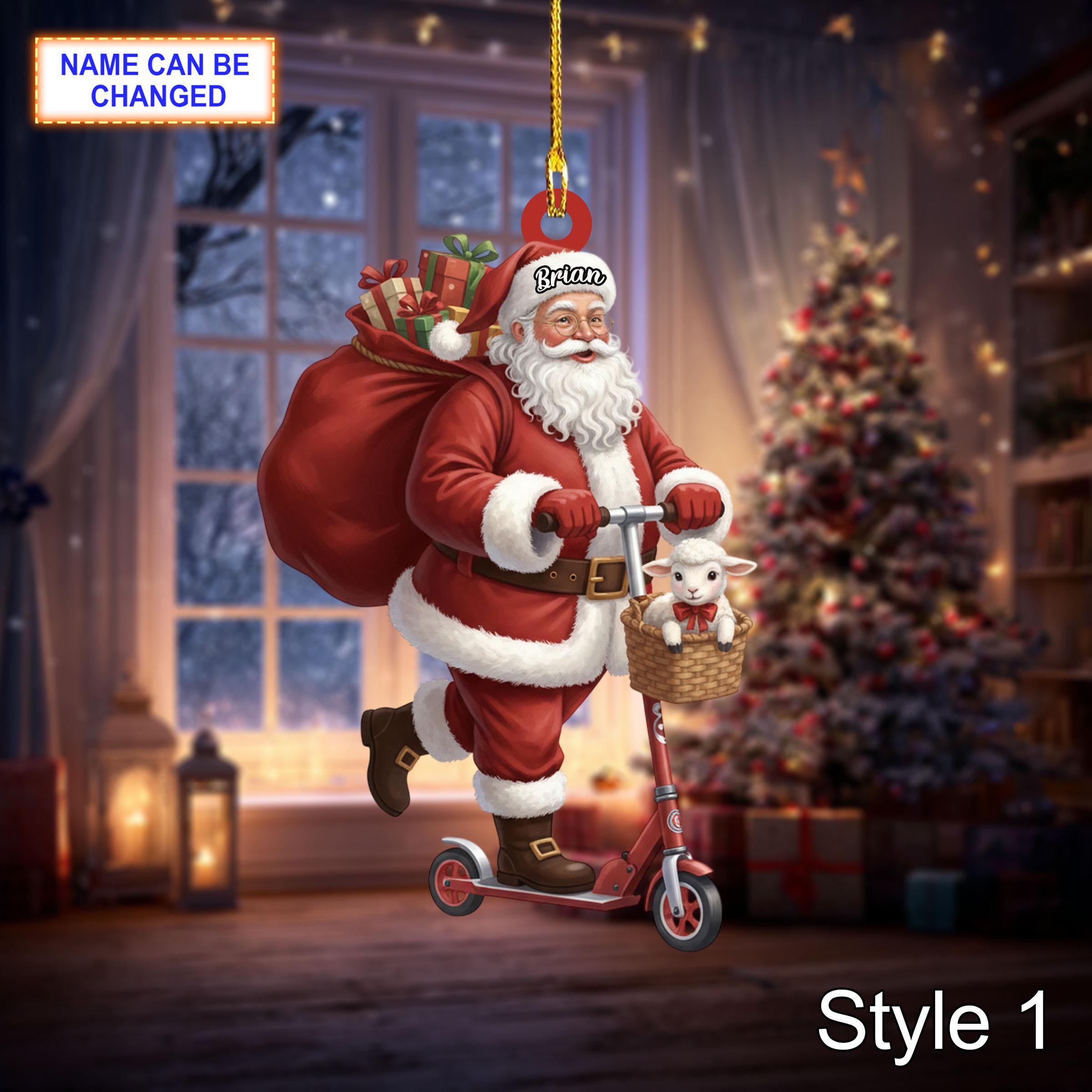 Custom Name Santa Kick Scooter Sheep Personalized Ornament, Christmas Tree Hanging Decor, 2D Flat Acrylic Christmas Ornament Holiday Gift